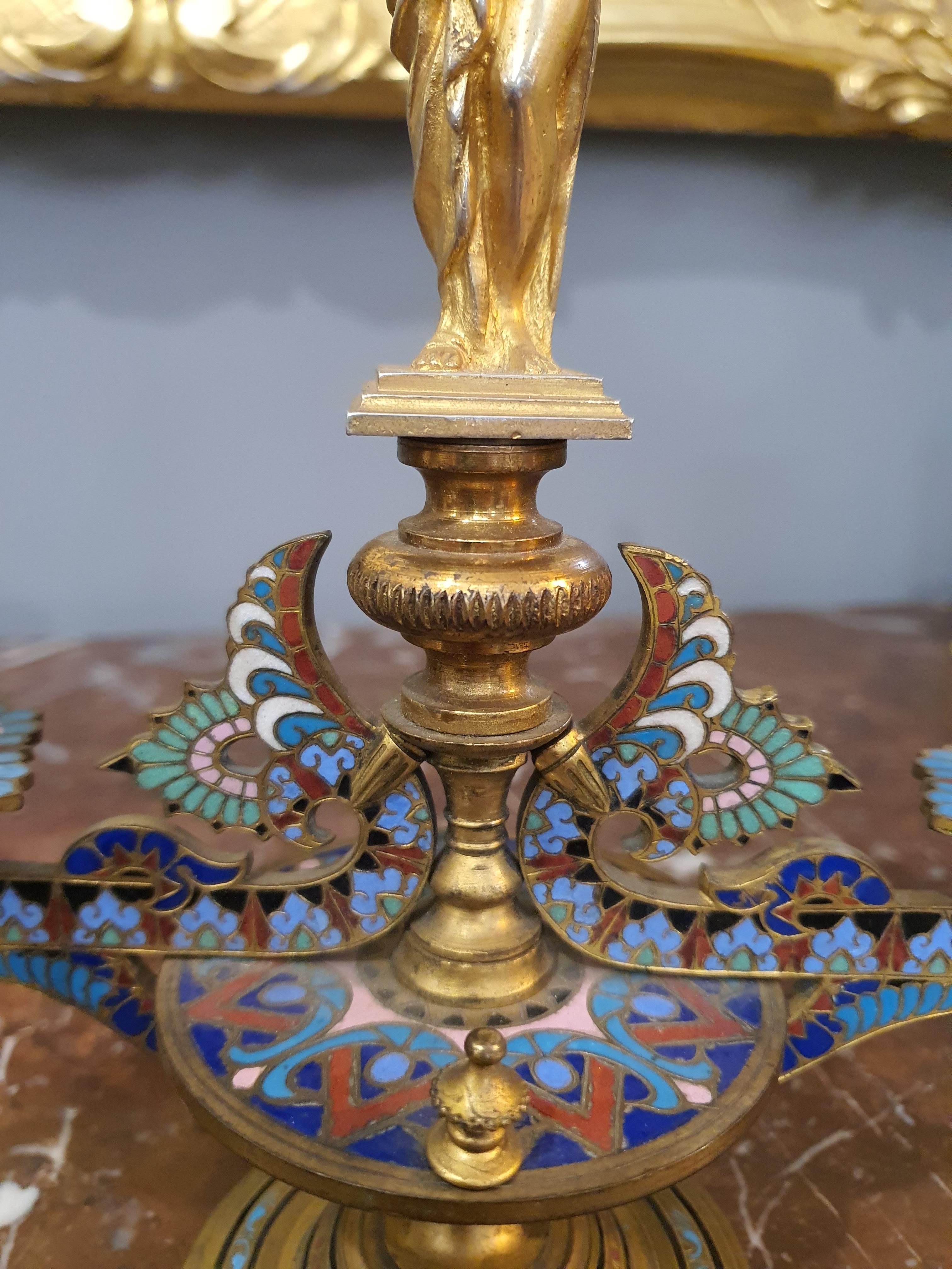 19th Century Napoleon III Pair of Candelabra, Gilt Bronze, Cloisonné Enamel In Good Condition For Sale In PALERMO, IT