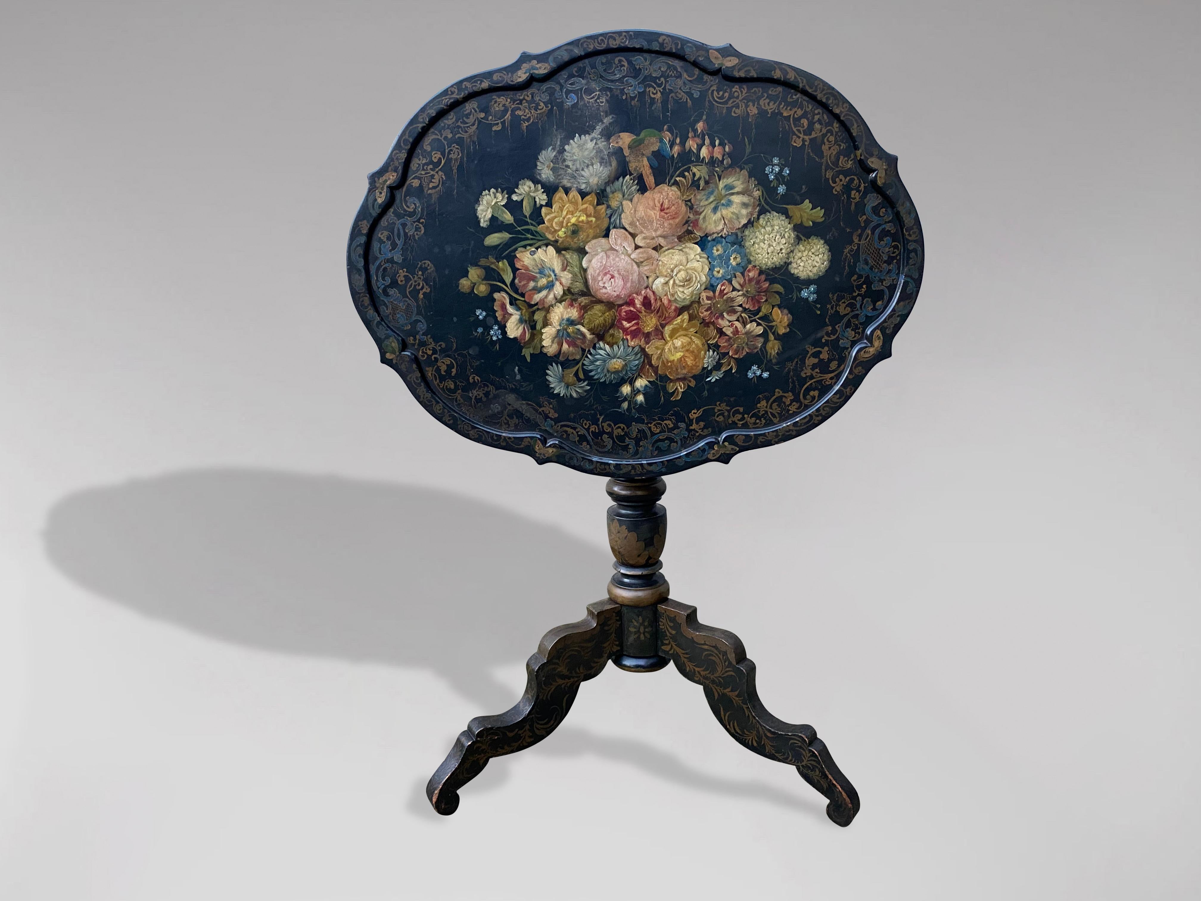 French 19th Century Napoleon III Period Black Painted Floral Tripod Table