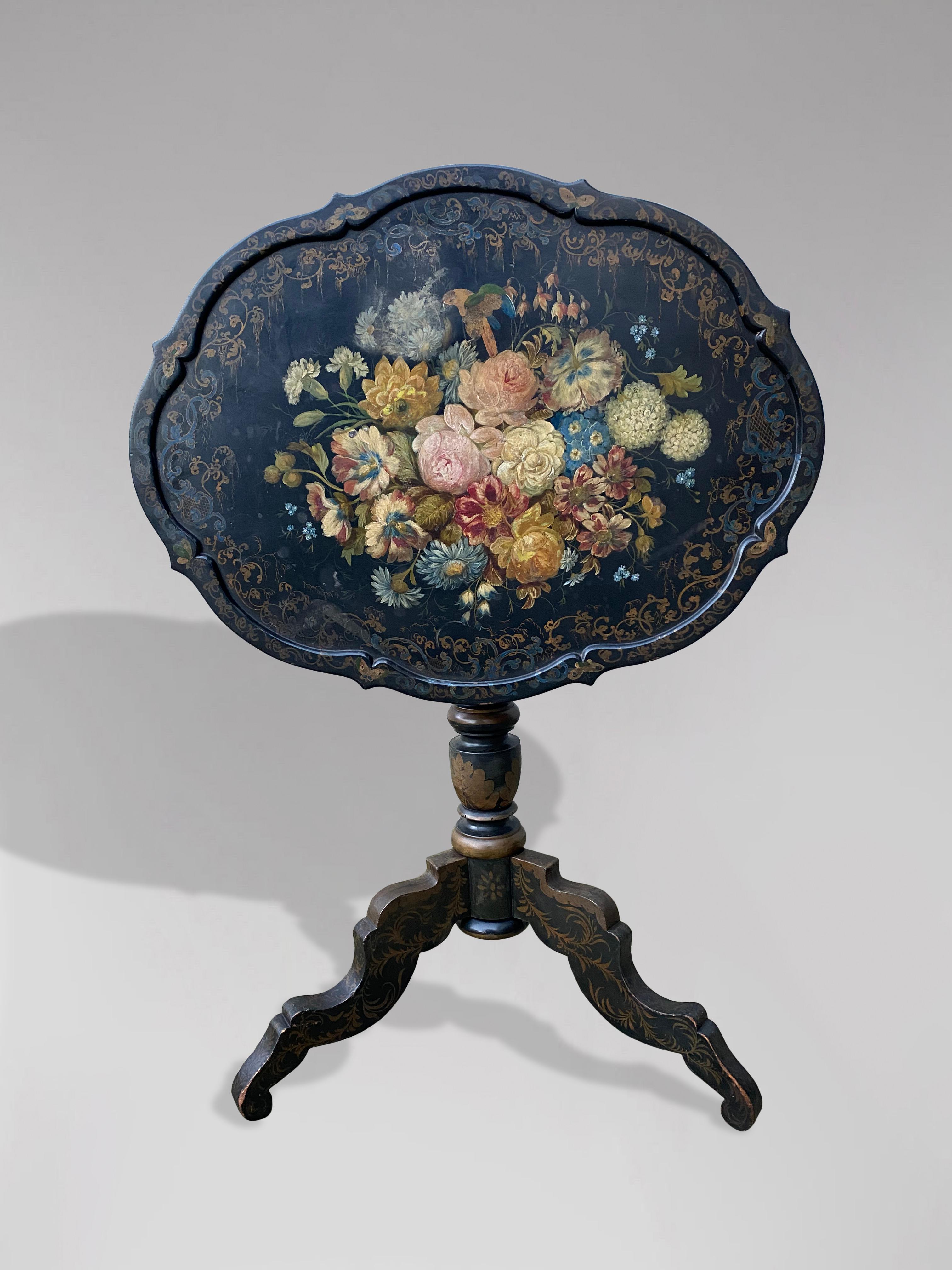 19th Century Napoleon III Period Black Painted Floral Tripod Table 1