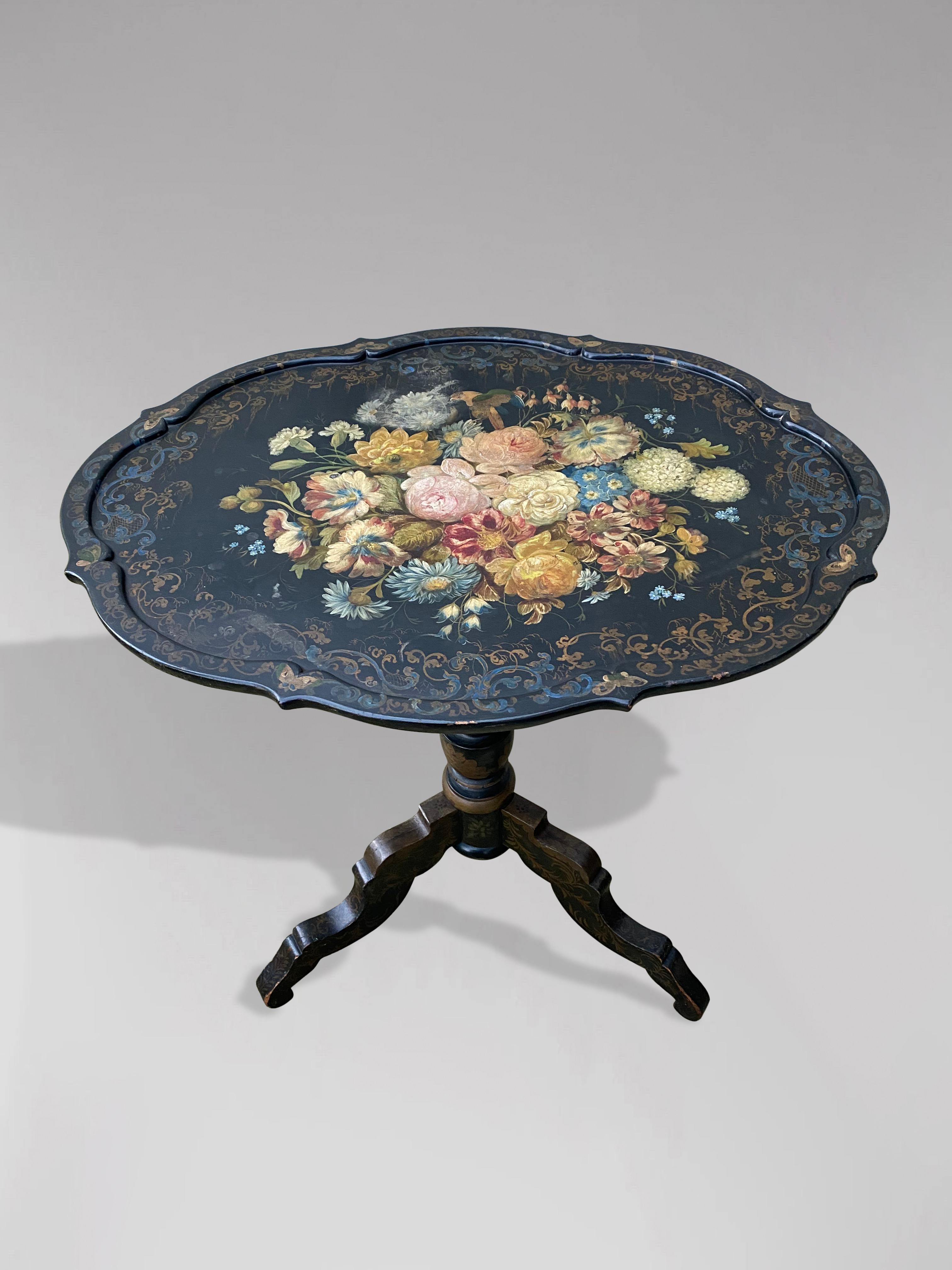 19th Century Napoleon III Period Black Painted Floral Tripod Table 2