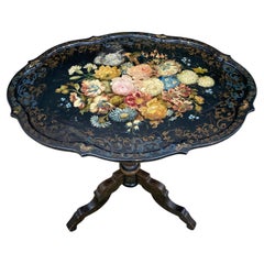 19th Century Napoleon III Period Black Painted Floral Tripod Table