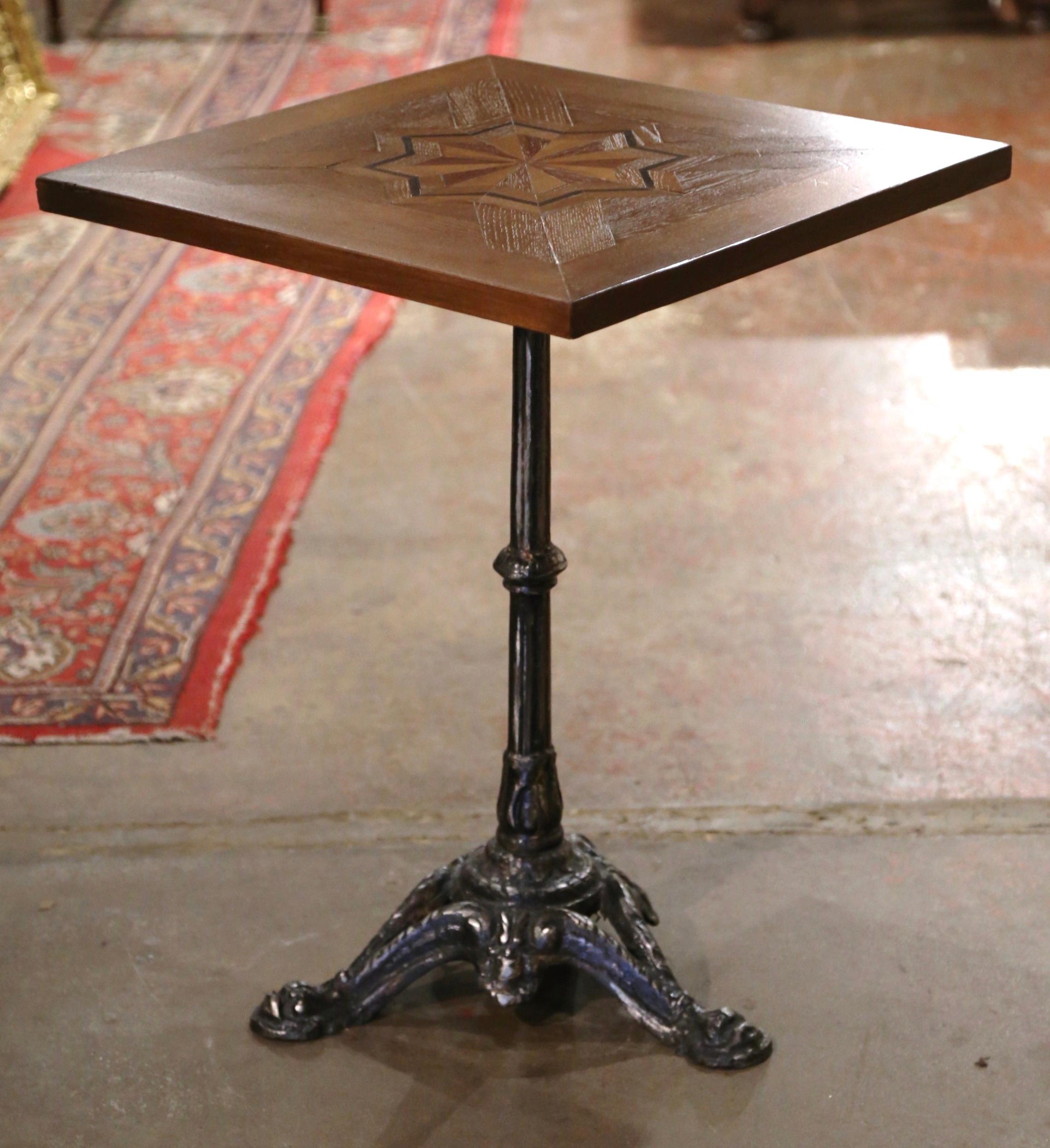 19th Century Napoleon III Polished Iron Bistrot Table with Oak Parquet Top In Excellent Condition For Sale In Dallas, TX