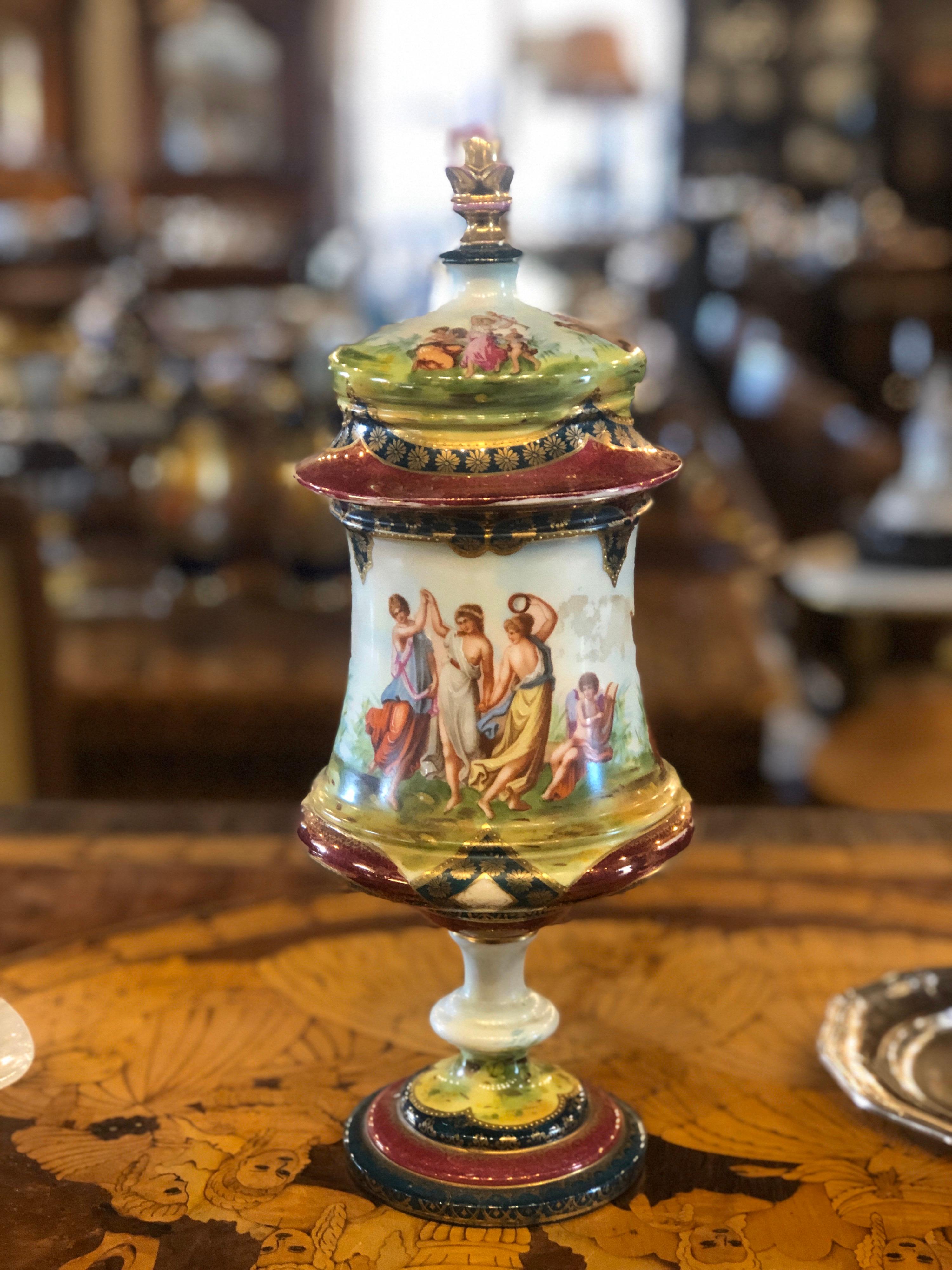 Austrian 19th Century Napoleon III Porcelain Vases Urn Royal Vienna Painted, 1870s For Sale