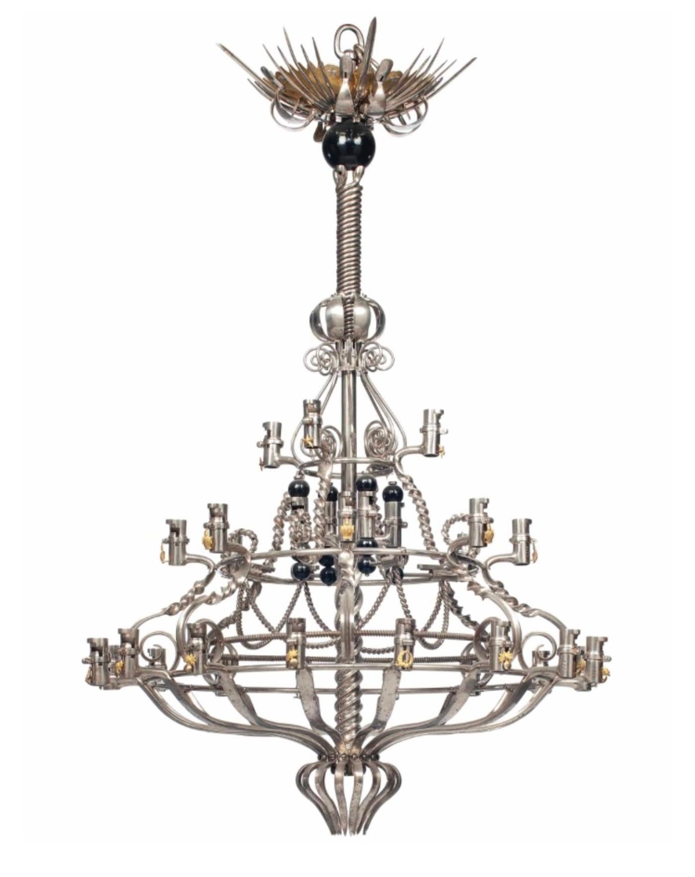 French 19th Century Napoleon III Rifle Bayonet Steel Brass Bronze Pendant Chandelier For Sale