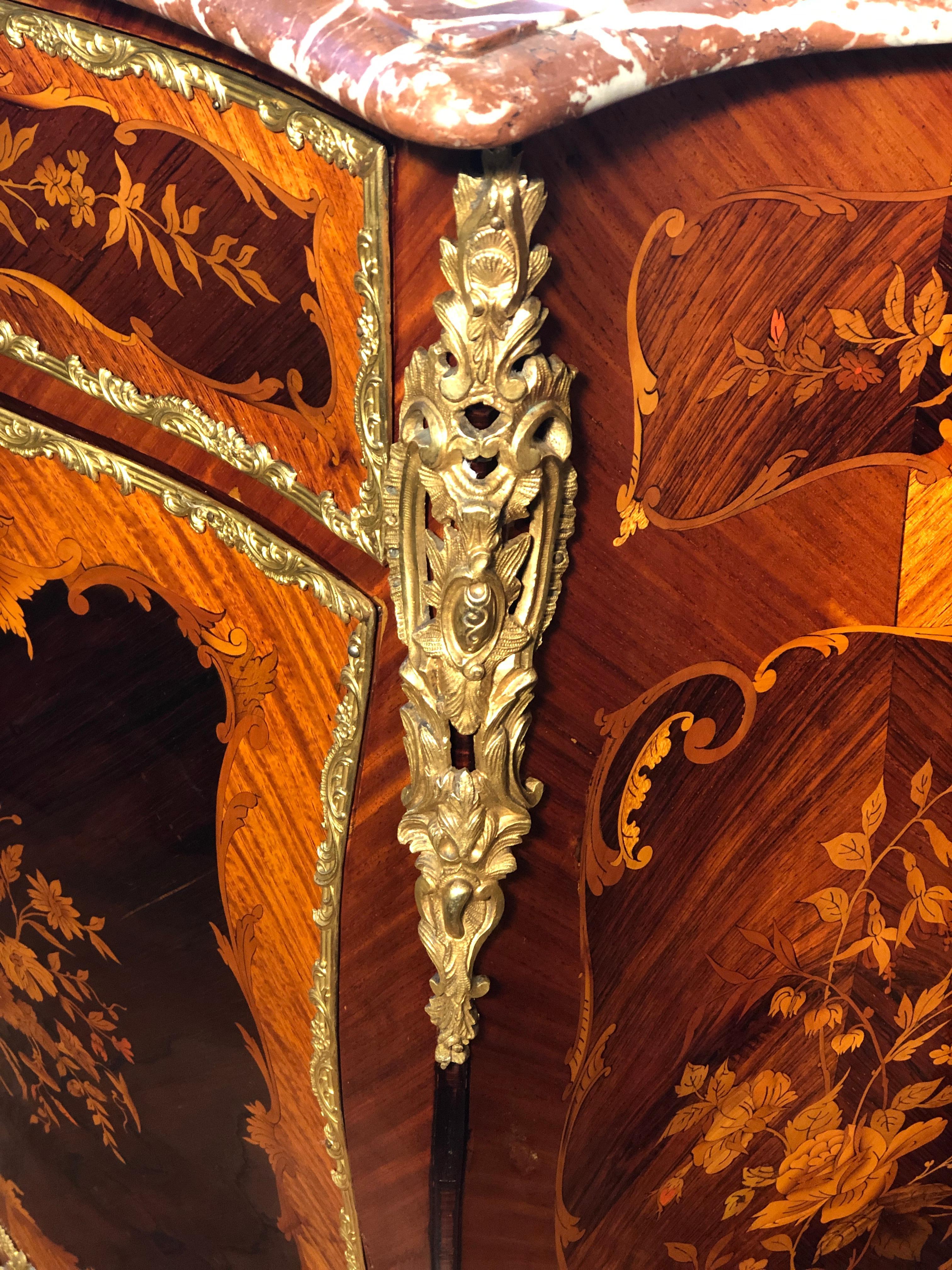 Marquetry 19th Century Napoleon III Rosewood Marble Cabinet Credenzas 1890