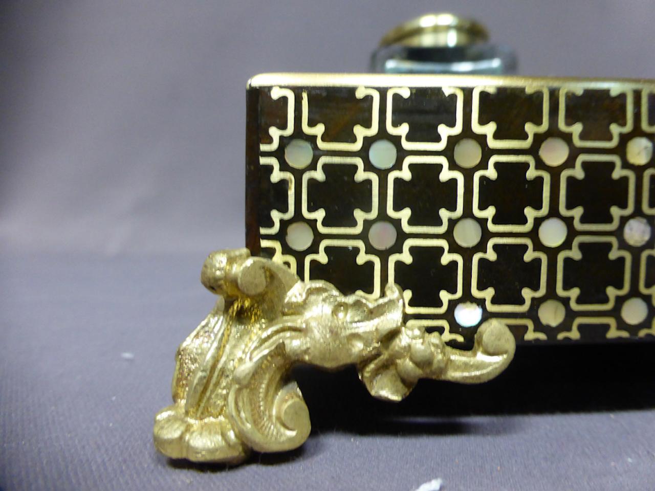 French 19th Century Napoleon III Style Brass Marquetry and Mother of Pearl Inkwell