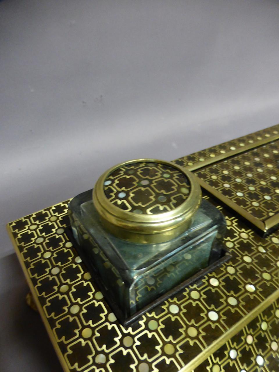 19th Century Napoleon III Style Brass Marquetry and Mother of Pearl Inkwell 1