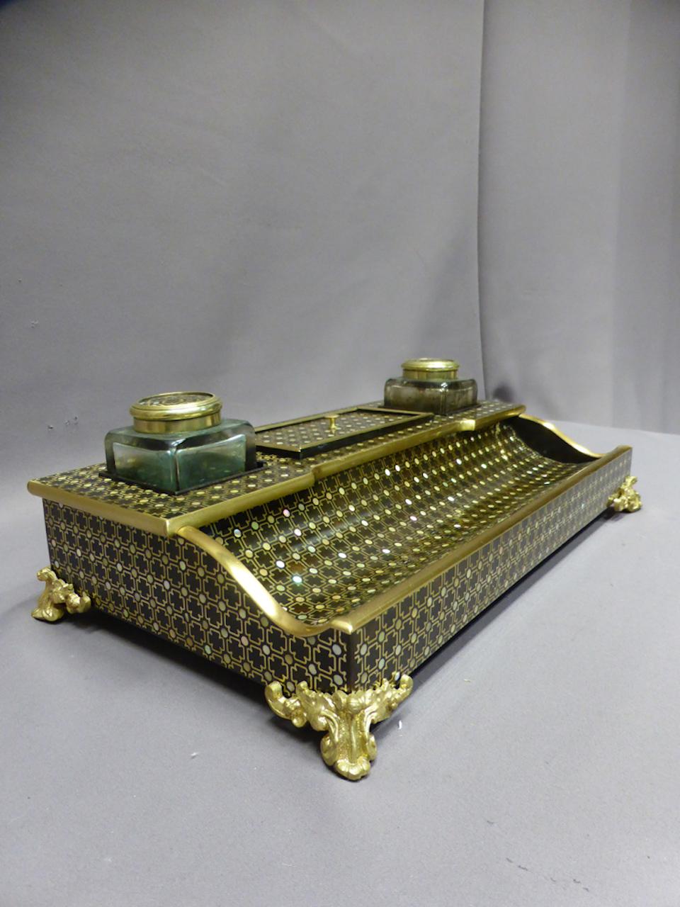 19th Century Napoleon III Style Brass Marquetry and Mother of Pearl Inkwell 2