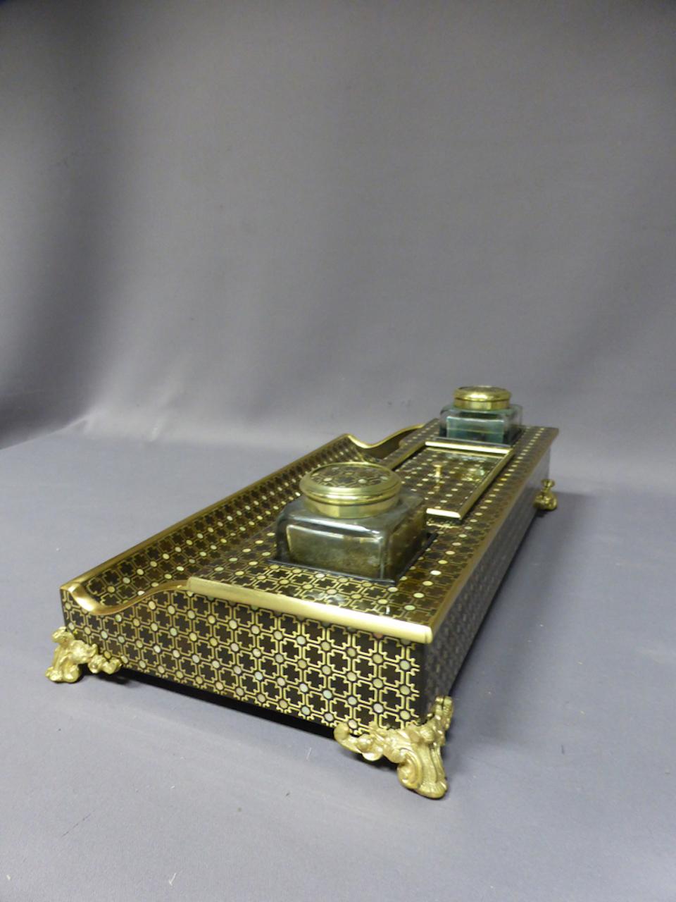19th Century Napoleon III Style Brass Marquetry and Mother of Pearl Inkwell 4