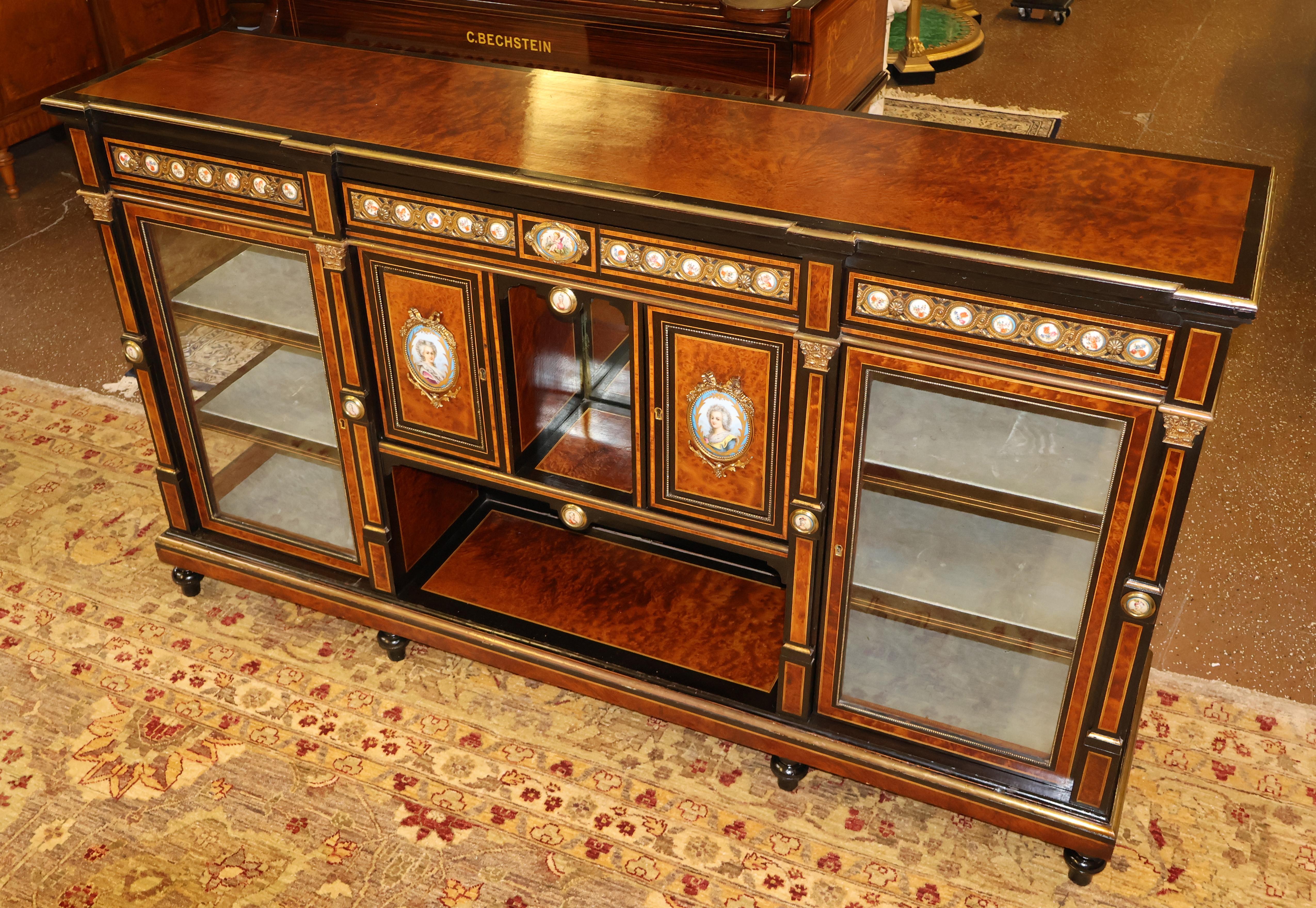 19th Century Napoleon III Style English Inlaid Porcelain Sideboard S. Hall & Son In Fair Condition For Sale In Long Branch, NJ