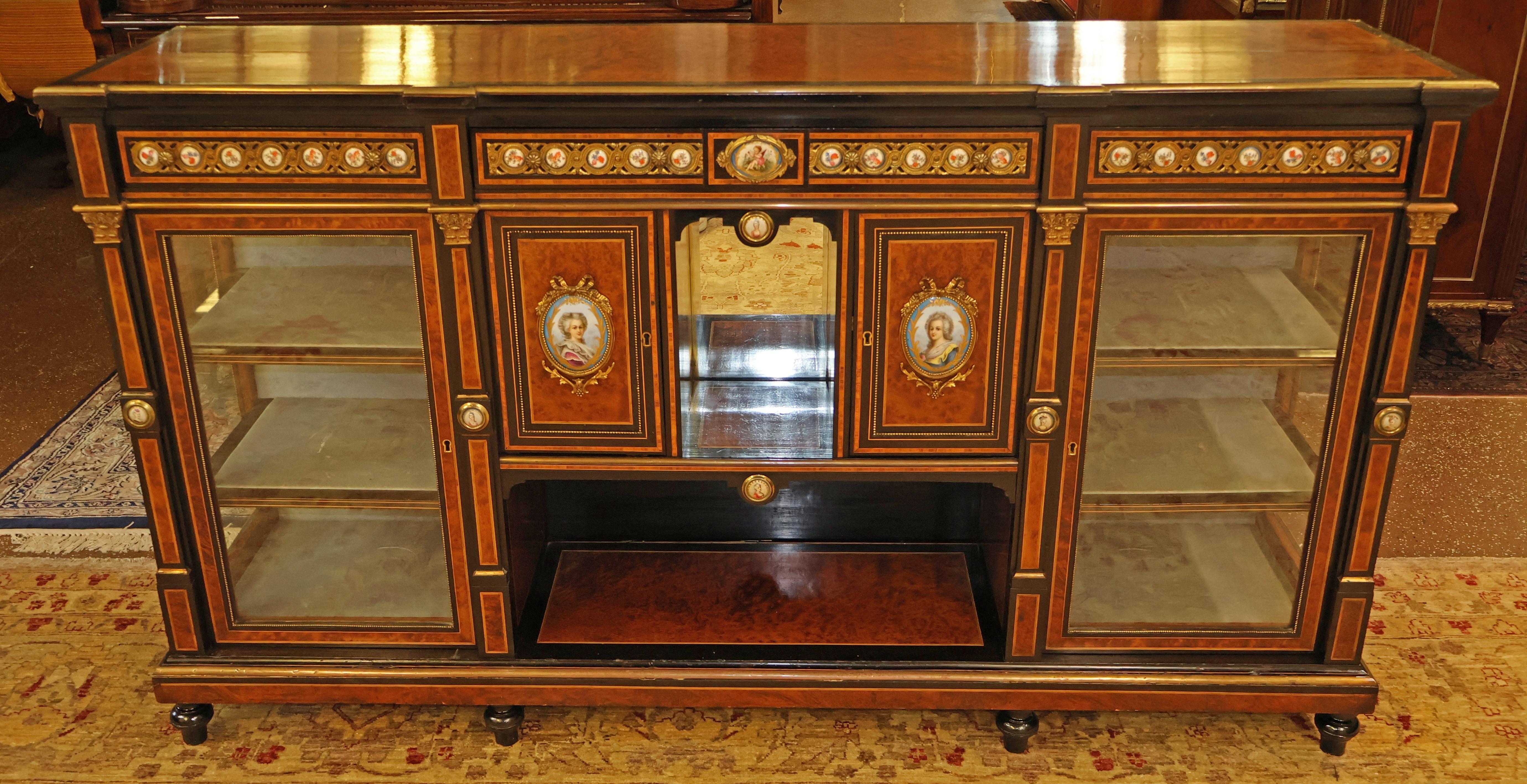 Late 19th Century 19th Century Napoleon III Style English Inlaid Porcelain Sideboard S. Hall & Son For Sale