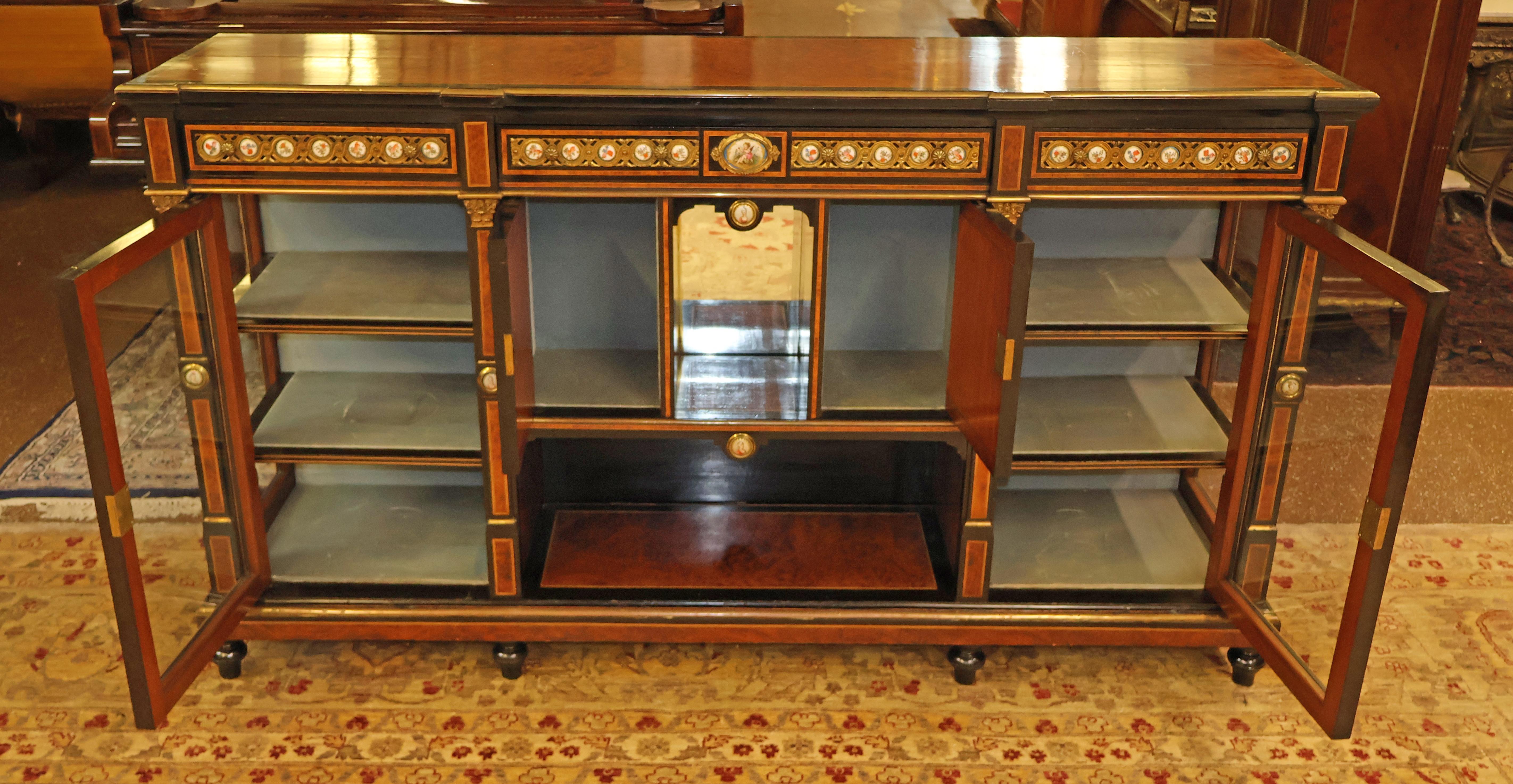 Walnut 19th Century Napoleon III Style English Inlaid Porcelain Sideboard S. Hall & Son For Sale
