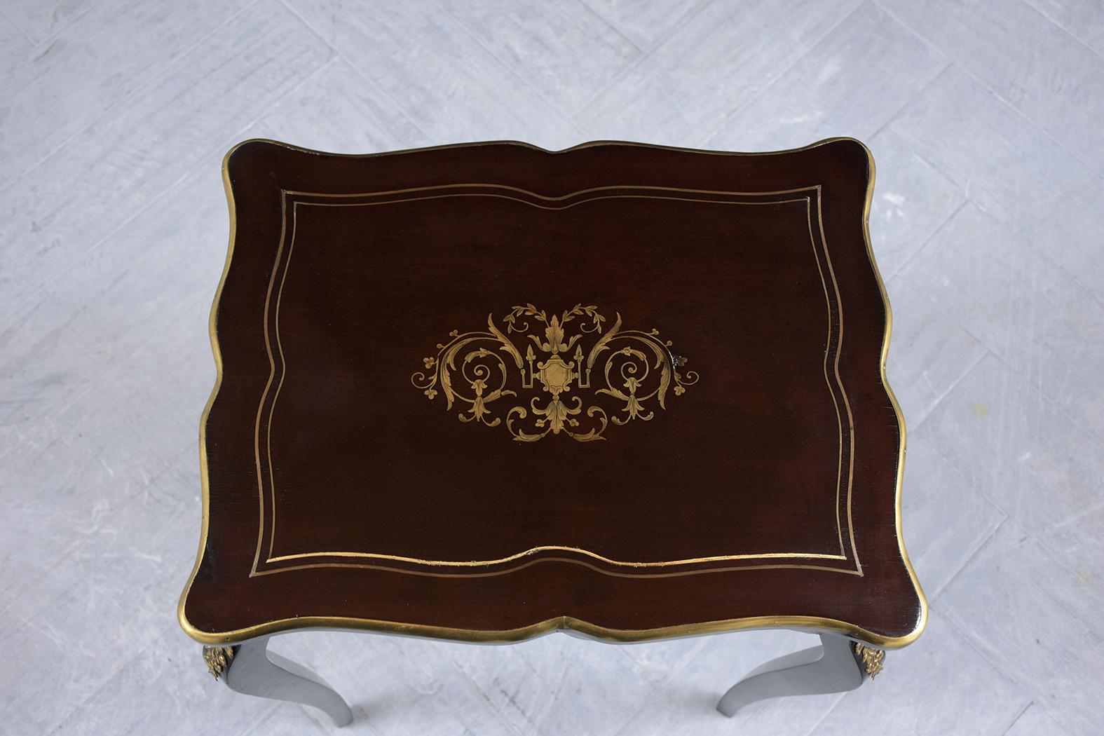 Hand-Crafted Elegant French Napoleon III Ebonized Marquetry Side Table with Brass Accents For Sale