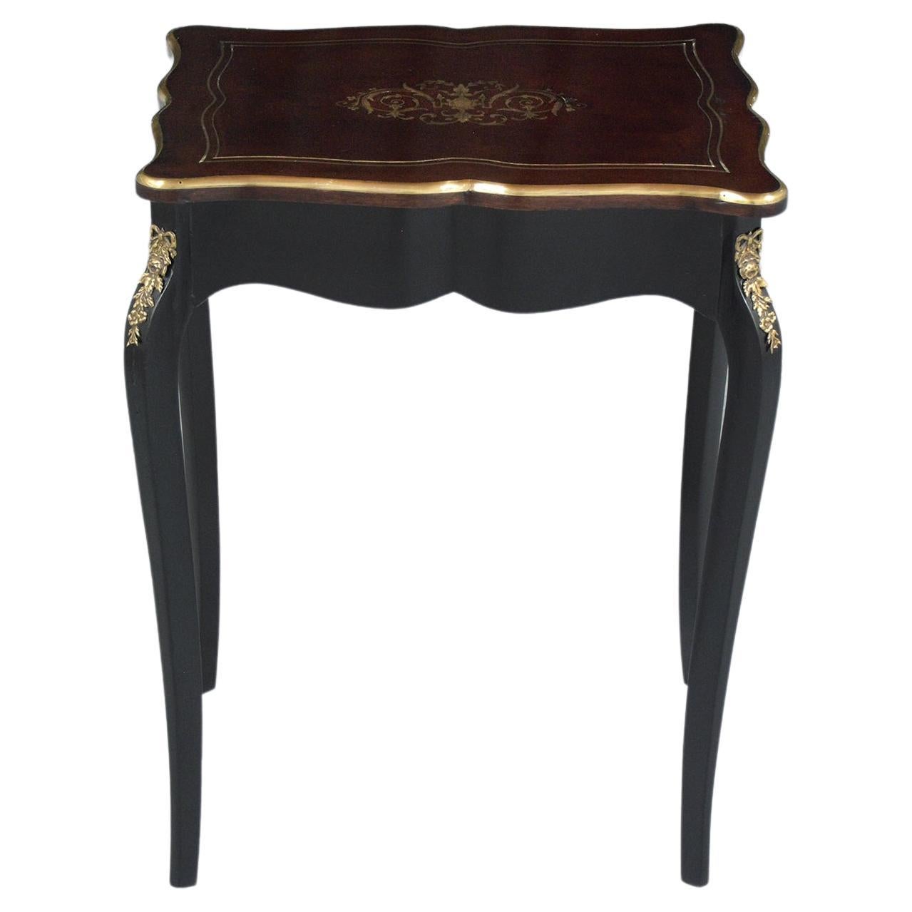 Elegant French Napoleon III Ebonized Marquetry Side Table with Brass Accents For Sale