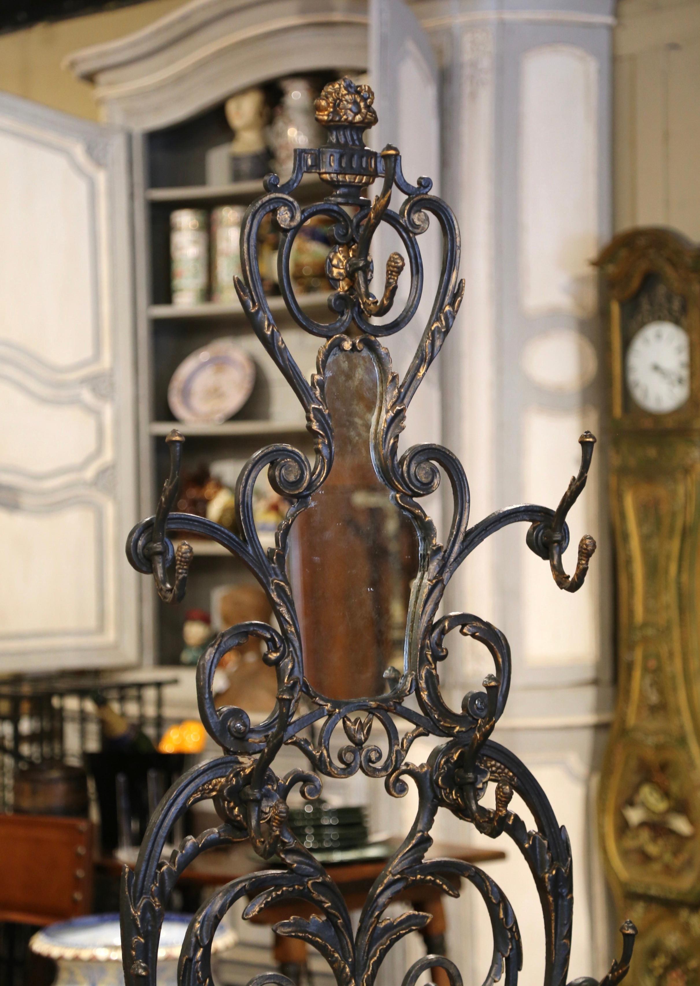 Hand-Crafted 19th Century Napoleon III Verdigris and Gilt Painted Iron Halltree Coat Rack For Sale