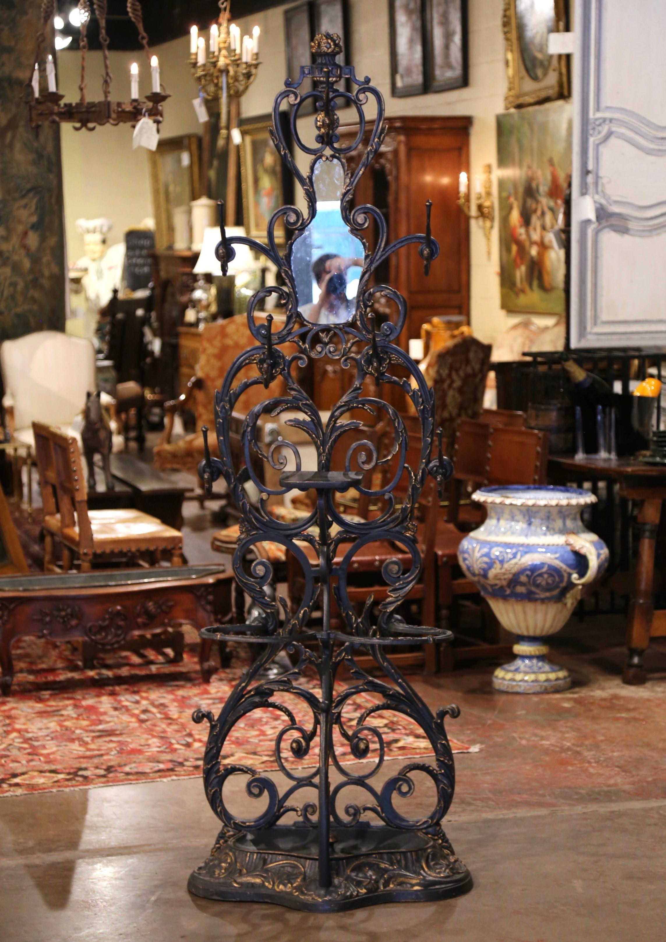 19th Century Napoleon III Verdigris and Gilt Painted Iron Halltree Coat Rack In Excellent Condition For Sale In Dallas, TX