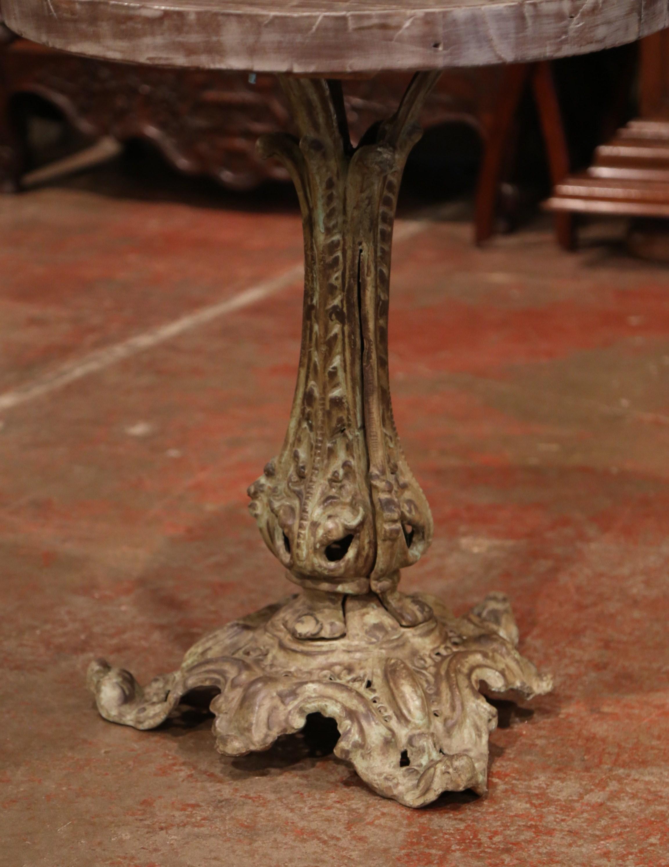 French 19th Century Napoleon III Verdigris Iron Pedestal Table with Weathered Wood Top