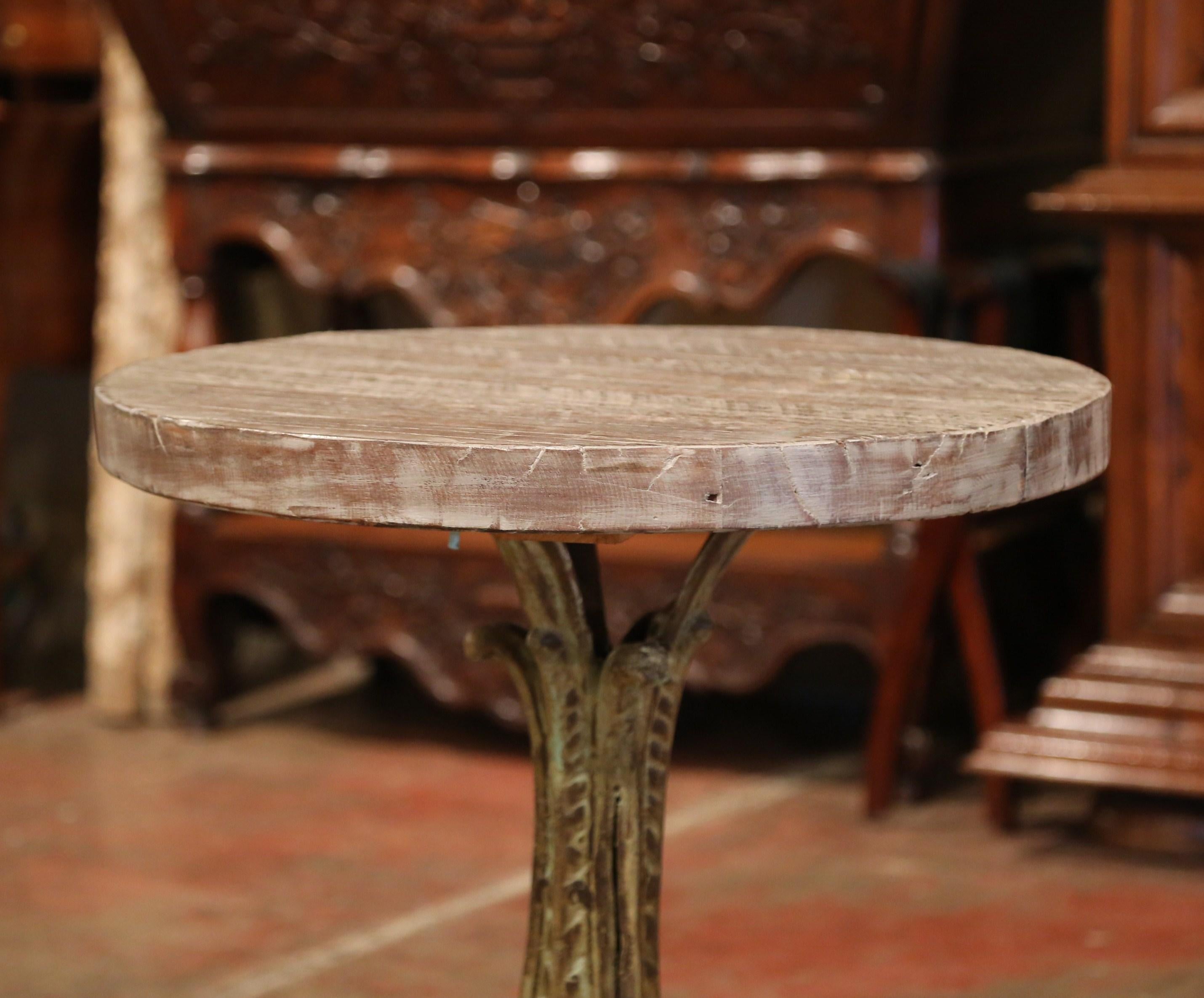 19th Century Napoleon III Verdigris Iron Pedestal Table with Weathered Wood Top 1
