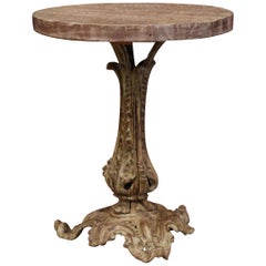 Antique 19th Century Napoleon III Verdigris Iron Pedestal Table with Weathered Wood Top