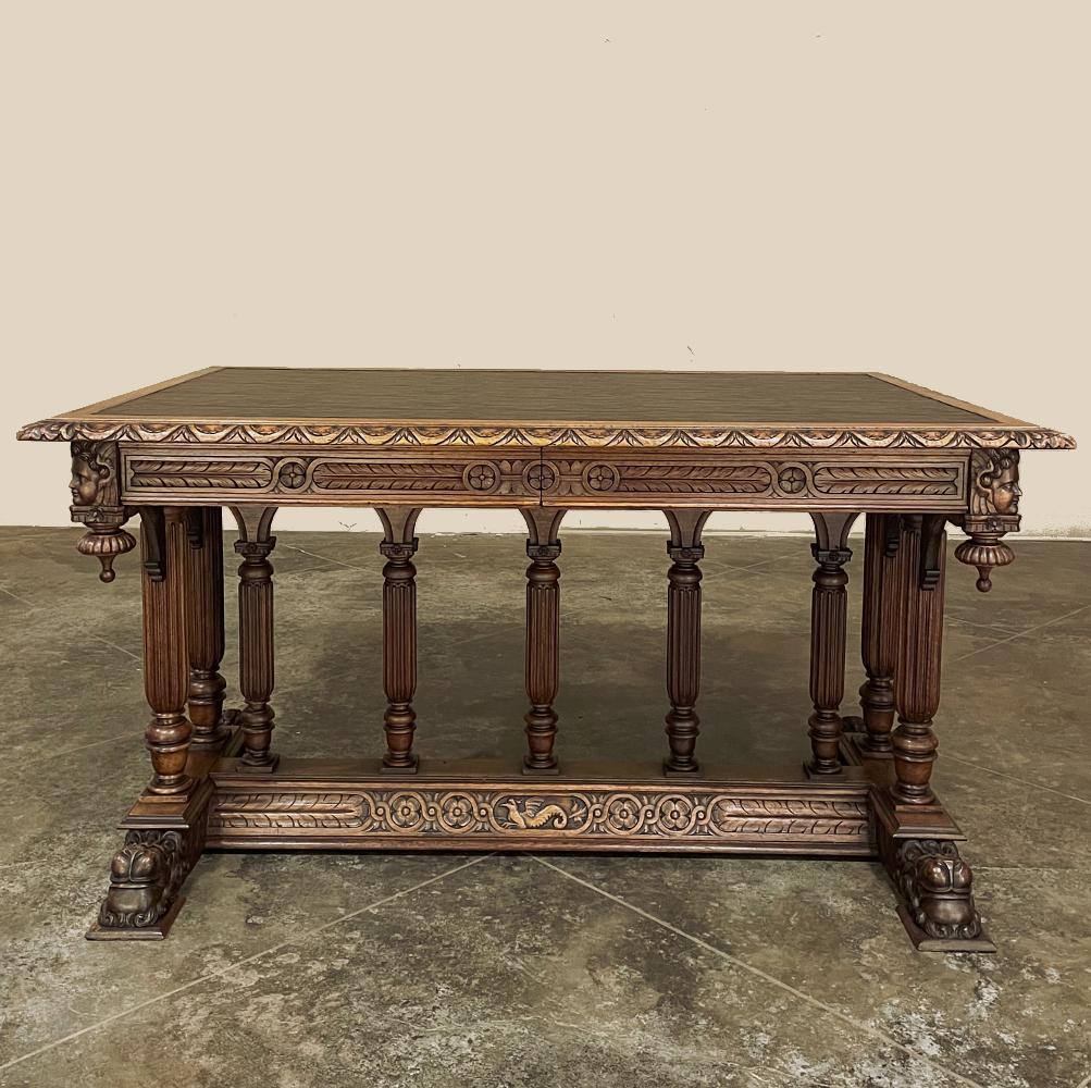 19th Century Napoleon III walnut partner's desk with faux leather is a stunning transitional piece that embodies styles influenced by the three greatest eras of human endeavor! The uprights that provide support are all crafted with reeded center