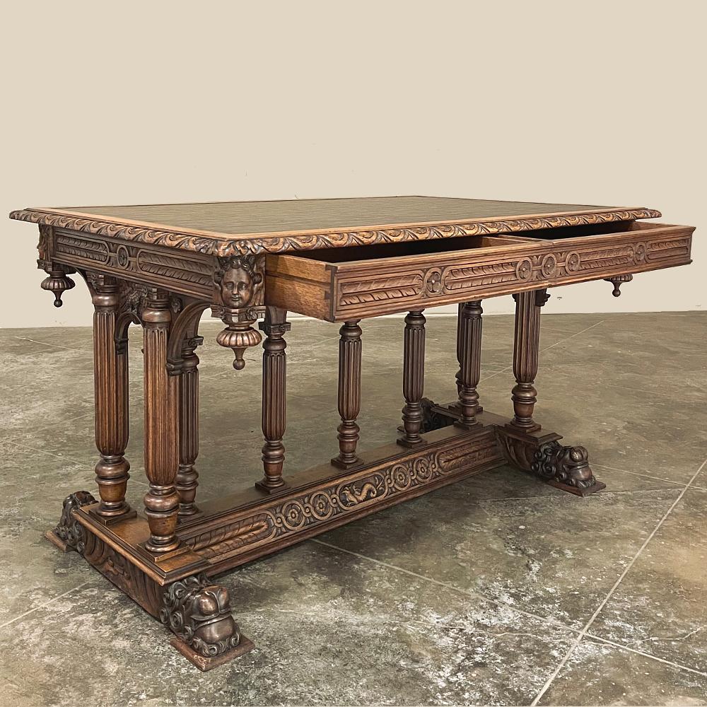 Hand-Carved 19th Century Napoleon III Walnut Partner's Desk with Faux Leather For Sale