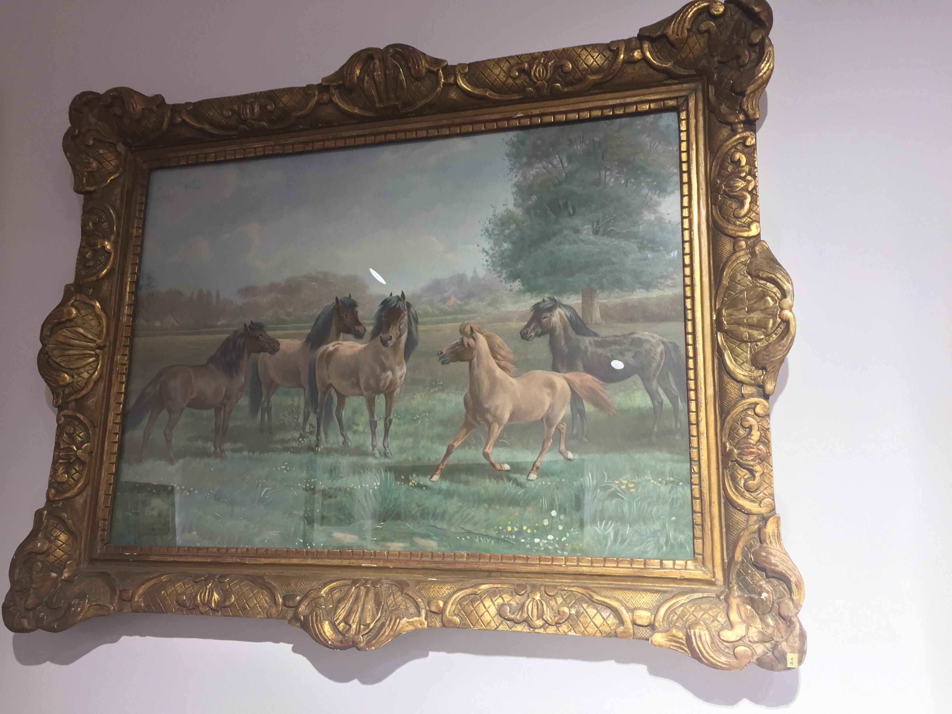 French 19th Century Napoleon III Watercolor on Canvas Horses Scene Signed LAST PRICE For Sale
