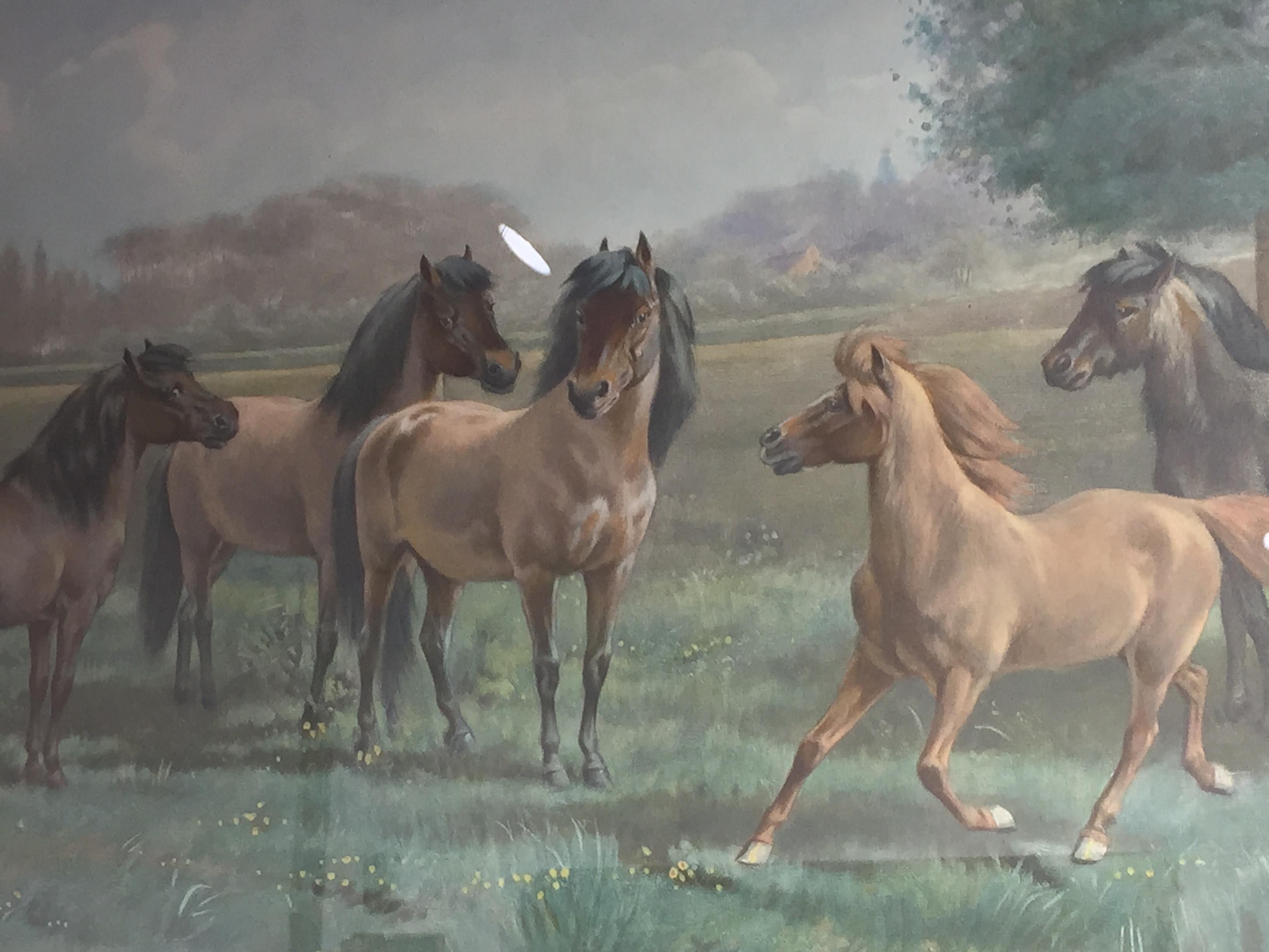 19th Century Napoleon III Watercolor on Canvas Horses Scene Signed LAST PRICE In Good Condition For Sale In Toledo, Castilla La Mancha