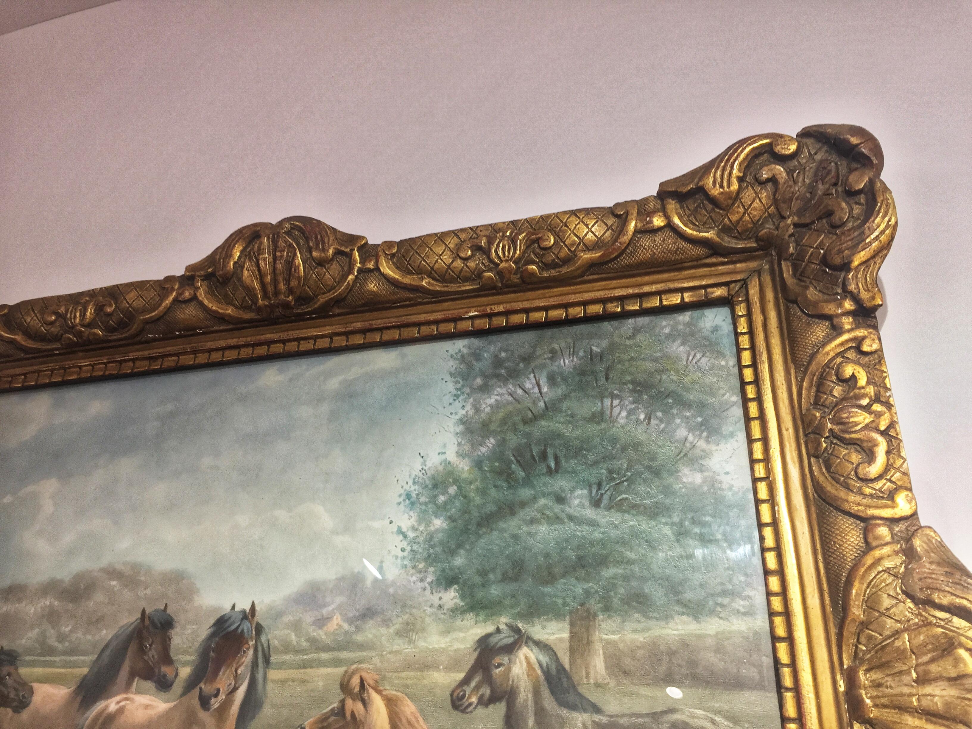 19th Century Napoleon III Watercolor on Canvas Horses Scene Signed LAST PRICE For Sale 1