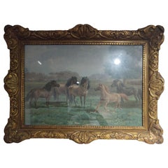 19th Century Napoleon III Watercolor on Canvas Horses Scene Signed LAST PRICE