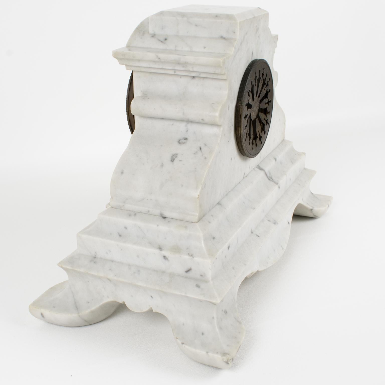 19th Century Napoleon III White Carrara Marble Mantel Clock Set by Bondat France For Sale 4