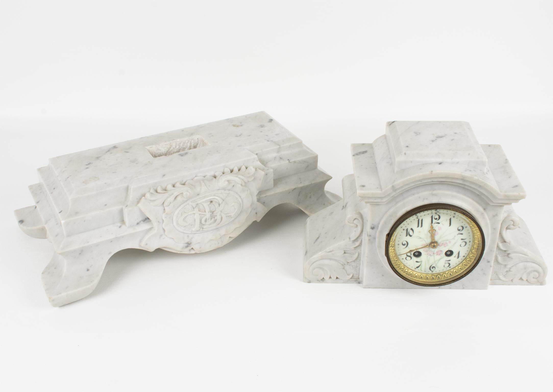19th Century Napoleon III White Carrara Marble Mantel Clock Set by Bondat France For Sale 5
