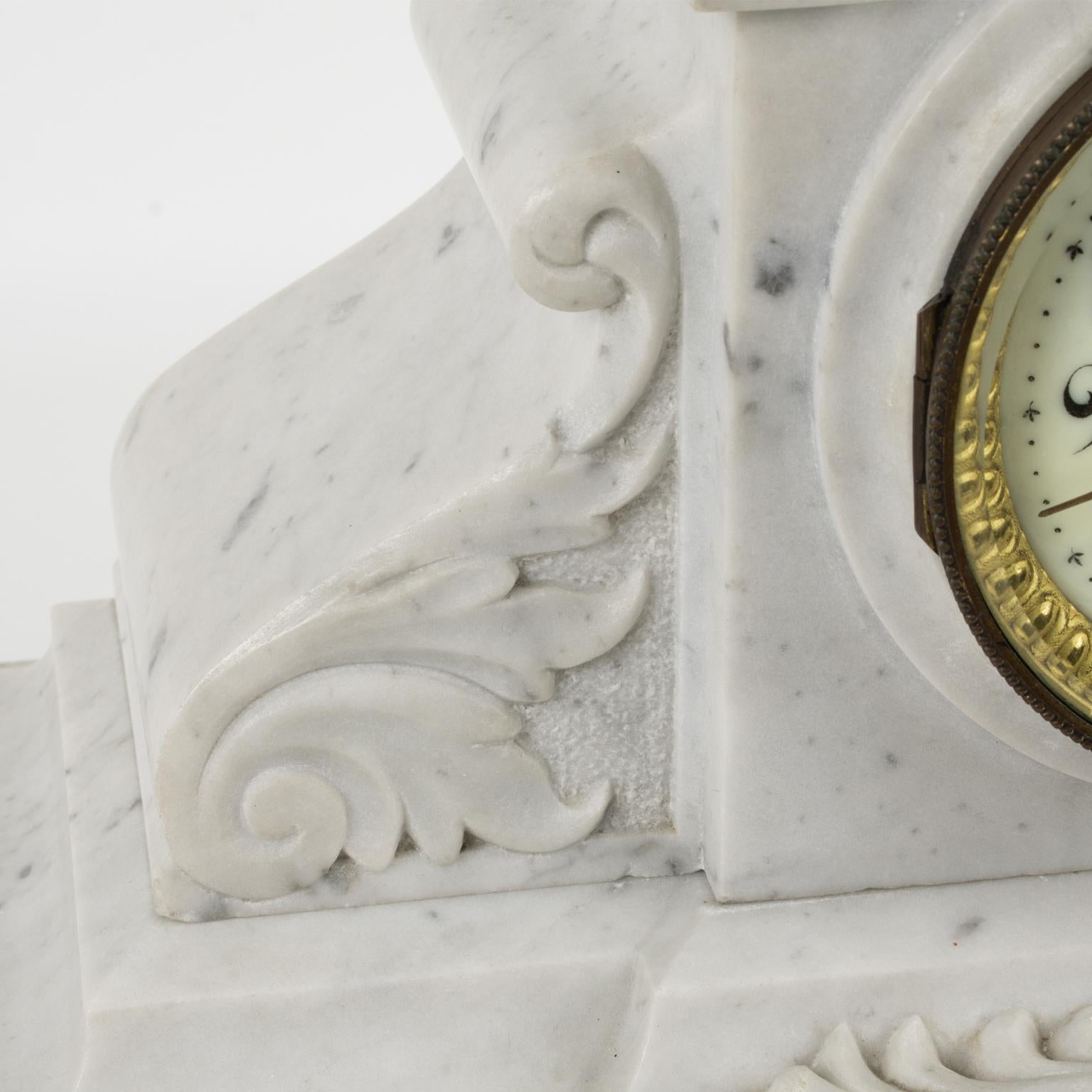 19th Century Napoleon III White Carrara Marble Mantel Clock Set by Bondat France For Sale 8