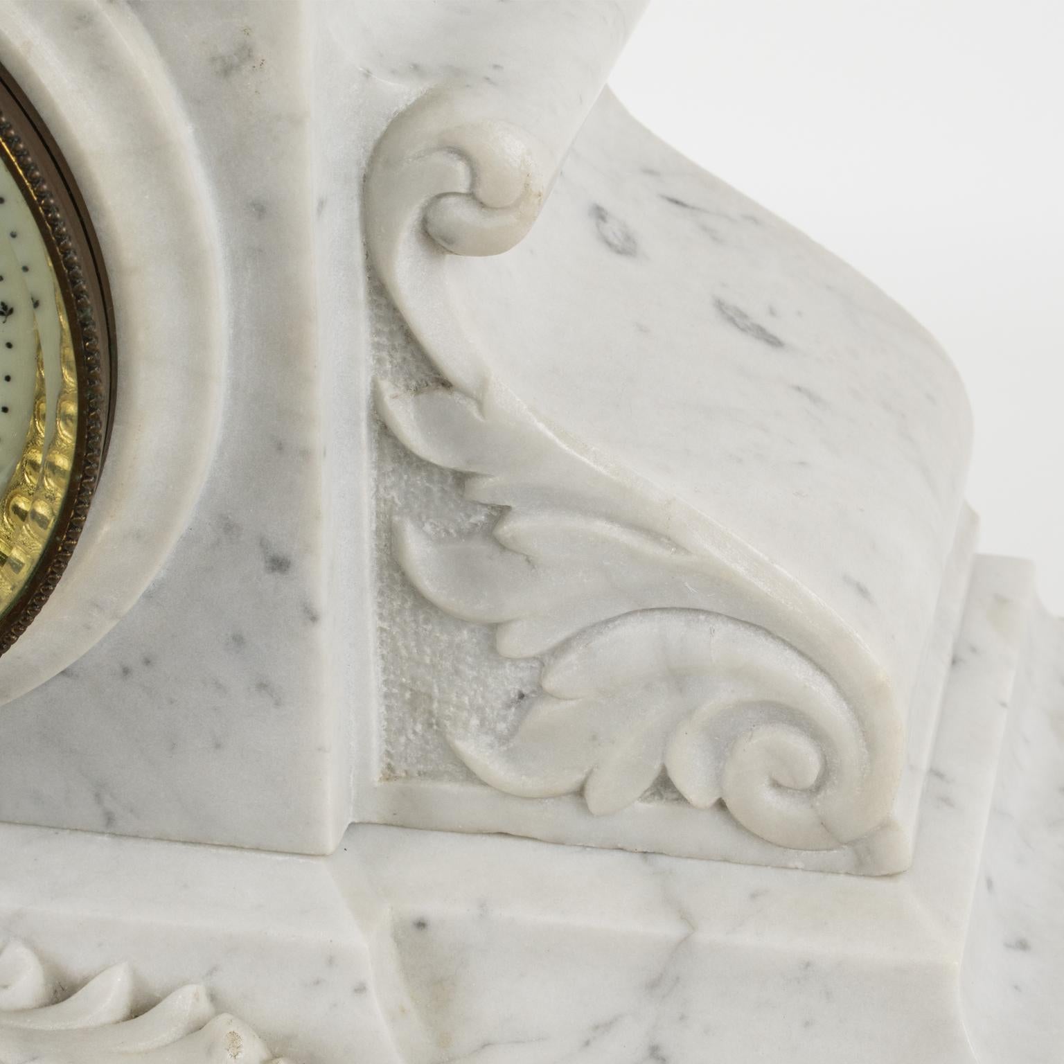 19th Century Napoleon III White Carrara Marble Mantel Clock Set by Bondat France For Sale 9