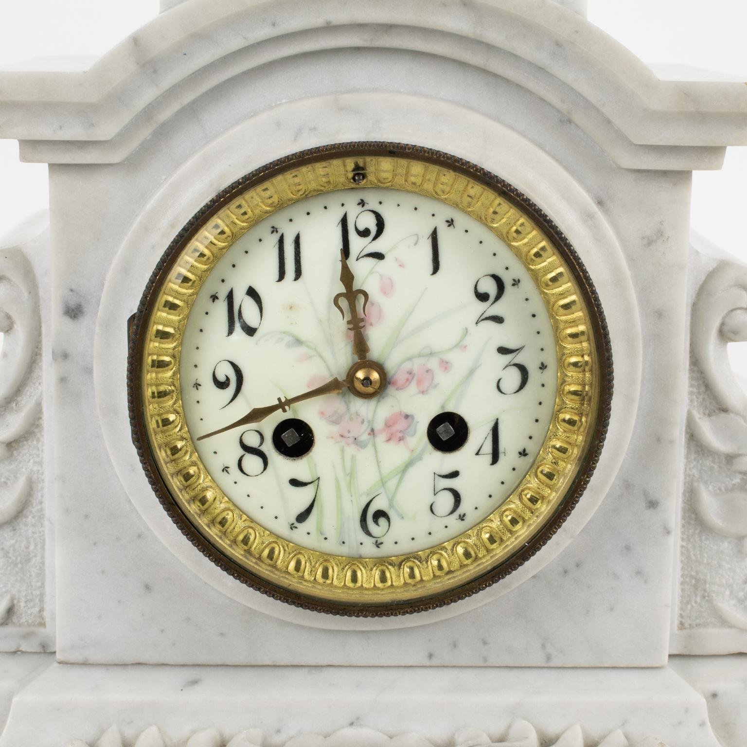 French 19th Century Napoleon III White Carrara Marble Mantel Clock Set by Bondat France For Sale