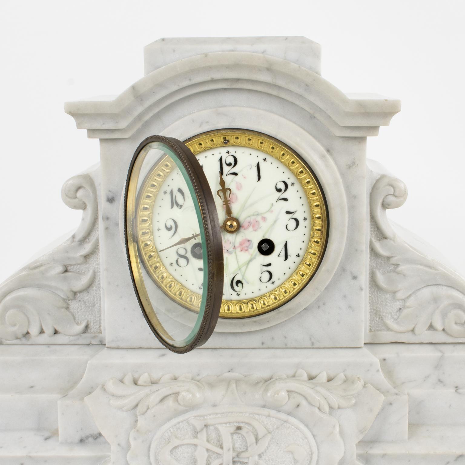 19th Century Napoleon III White Carrara Marble Mantel Clock Set by Bondat France In Good Condition For Sale In Atlanta, GA
