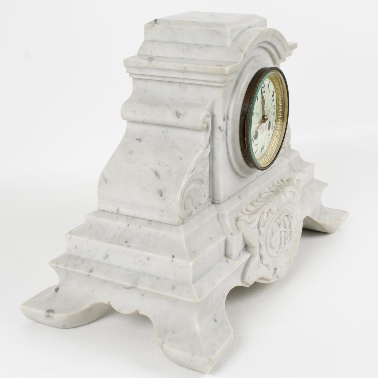 Metal 19th Century Napoleon III White Carrara Marble Mantel Clock Set by Bondat France For Sale