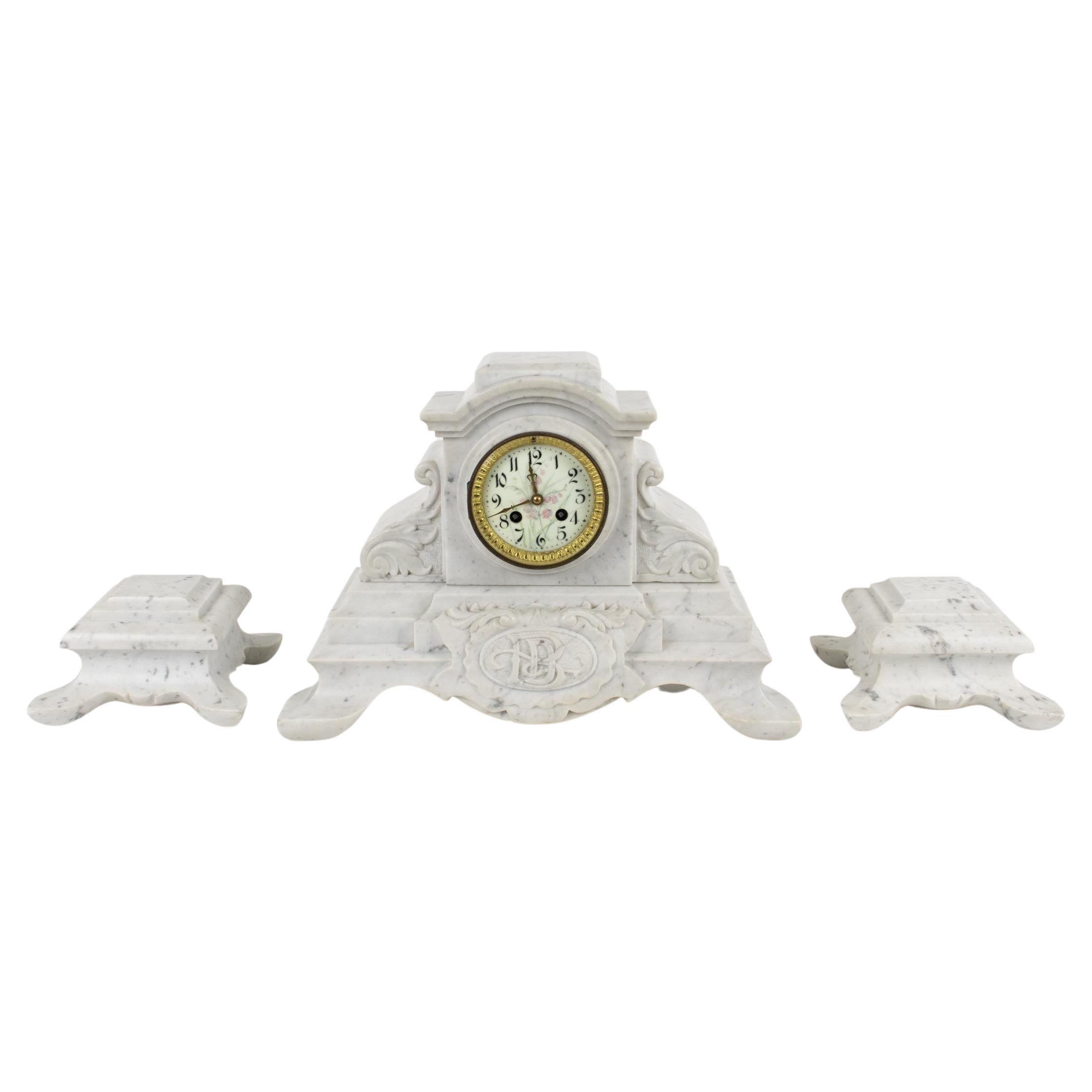 19th Century Napoleon III White Carrara Marble Mantel Clock Set by Bondat France