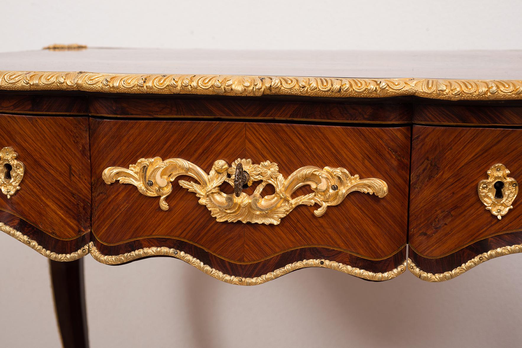 French 19th Century, Napoleon III, Writing Desk in Inlaid Wood, Gilded Bronze  For Sale