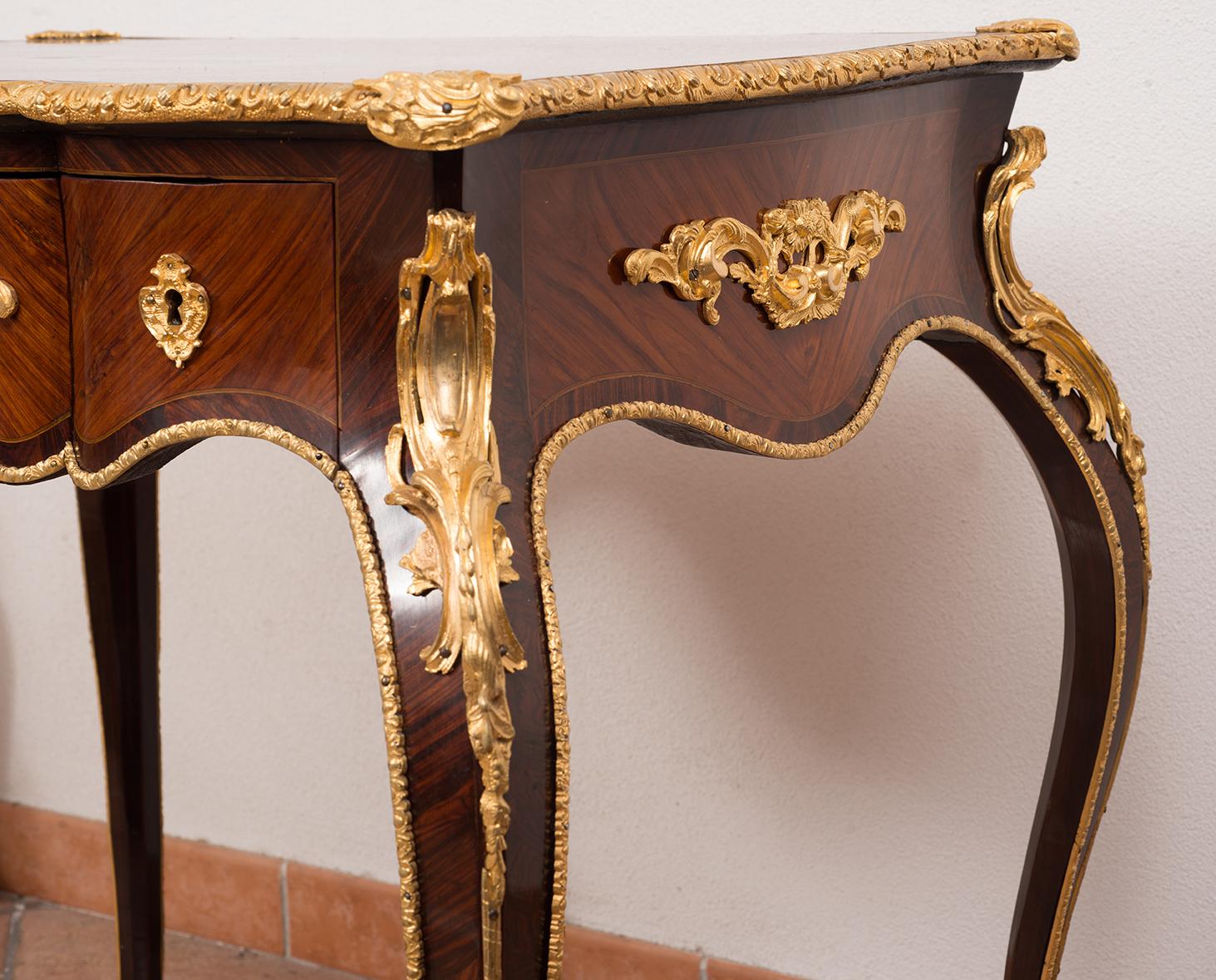 Gilt 19th Century, Napoleon III, Writing Desk in Inlaid Wood, Gilded Bronze  For Sale