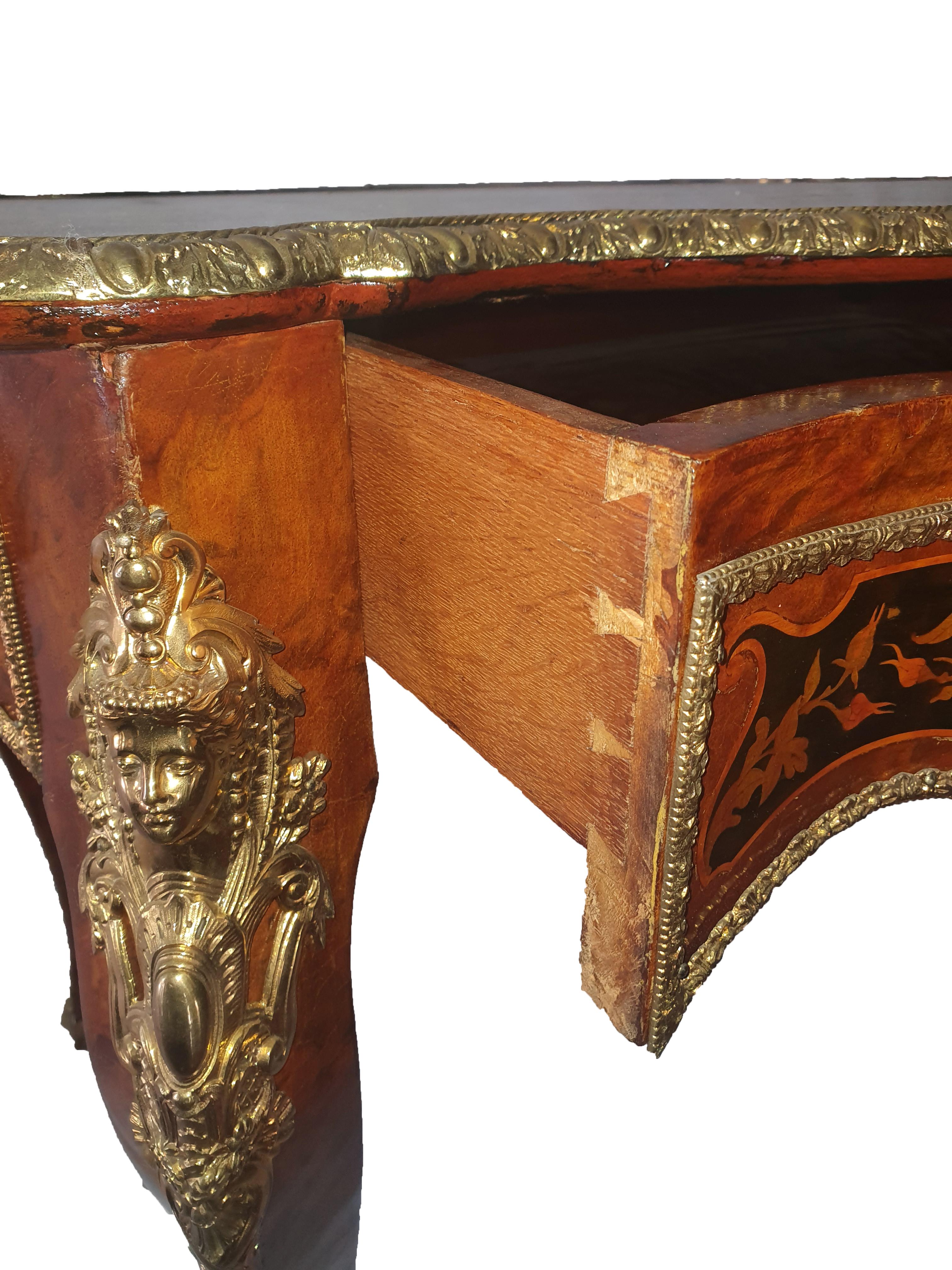 French 19th Century Napoleon III Writing Desk Inlaid with Fruit Wood, Gilded Bronze For Sale
