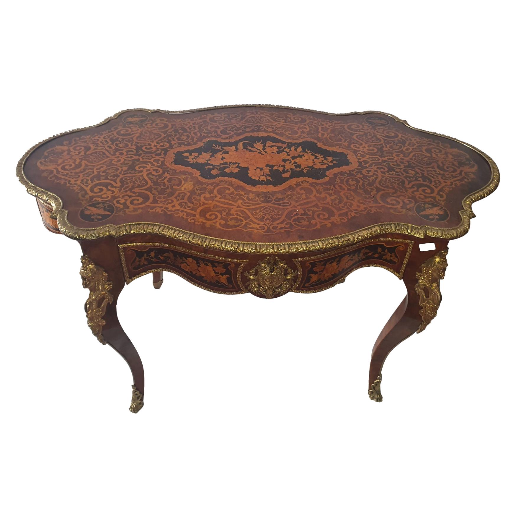 19th Century Napoleon III Writing Desk Inlaid with Fruit Wood, Gilded Bronze For Sale