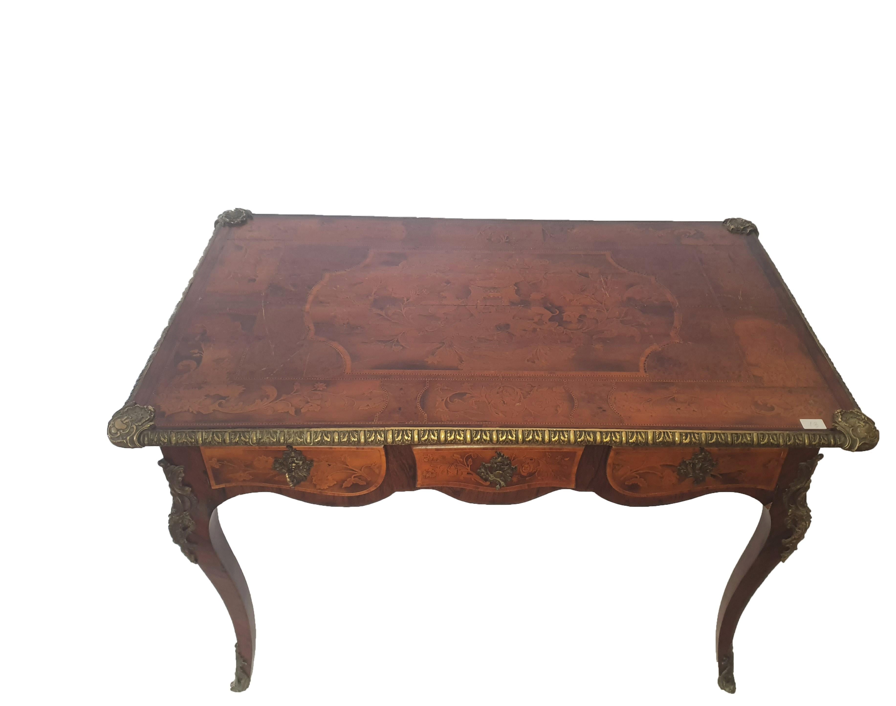 French 19th Century Napoleon III Writing Desk Inlaid, Fruits Woods, Walnut, Gilded Bronze For Sale