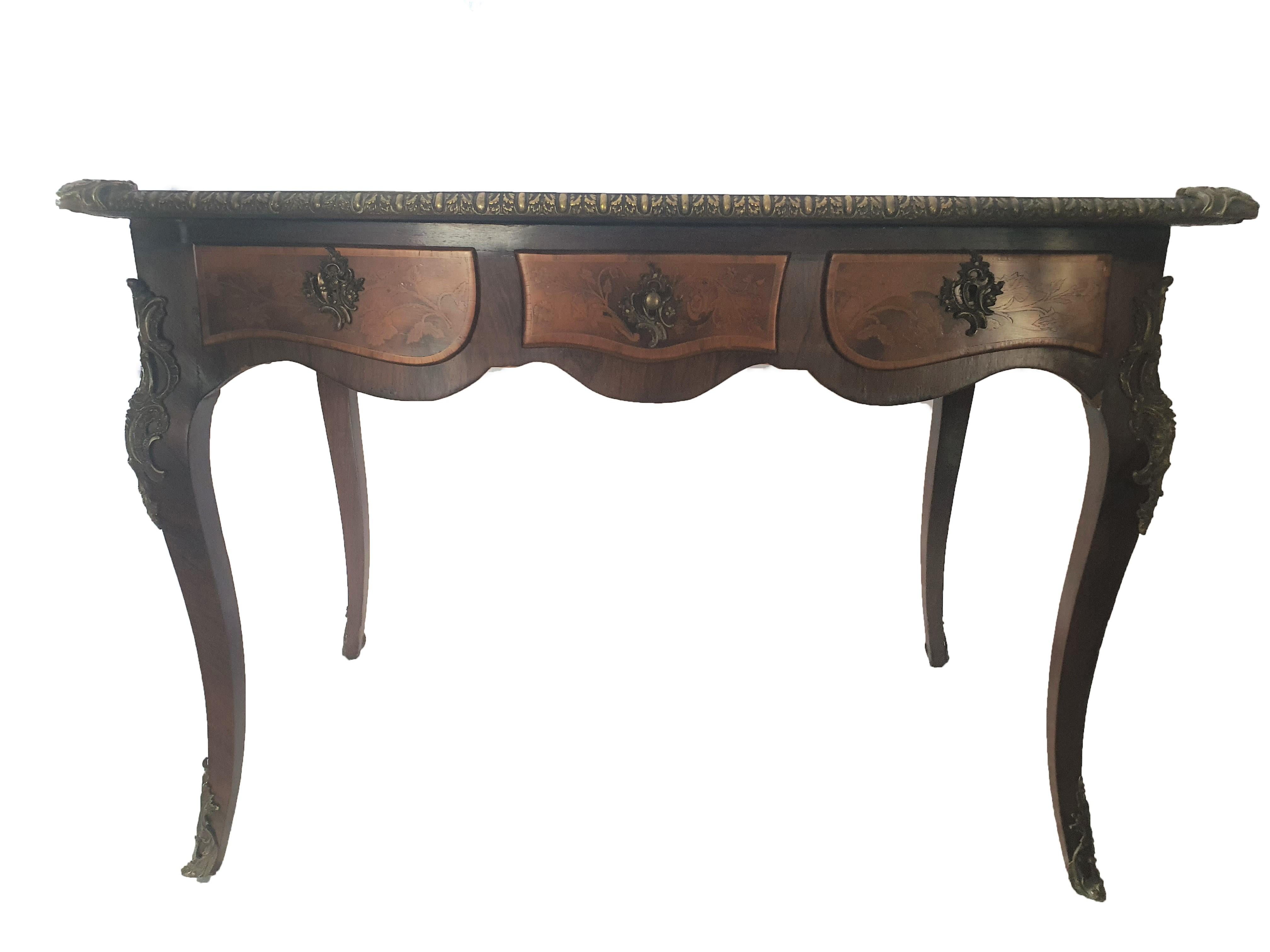 Gilt 19th Century Napoleon III Writing Desk Inlaid, Fruits Woods, Walnut, Gilded Bronze For Sale