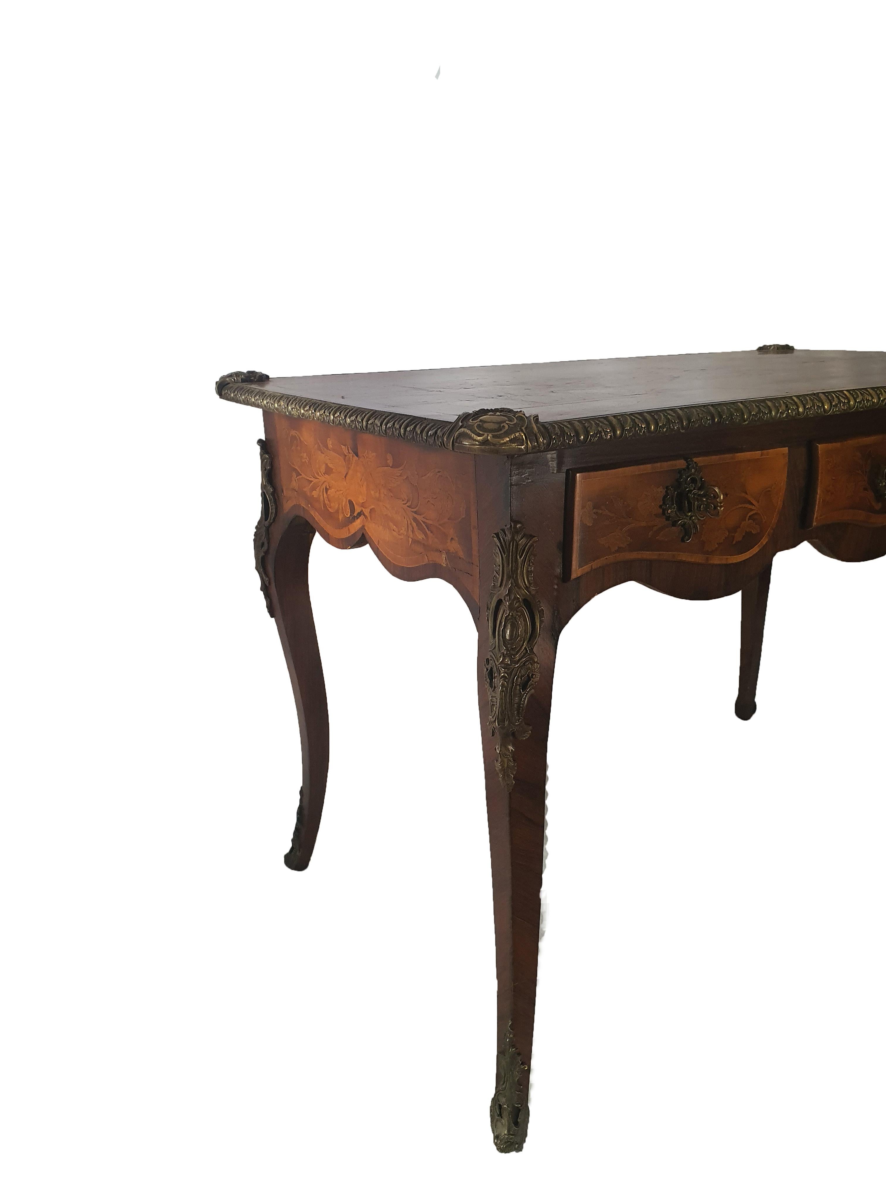 19th Century Napoleon III Writing Desk Inlaid, Fruits Woods, Walnut, Gilded Bronze In Good Condition In PALERMO, IT