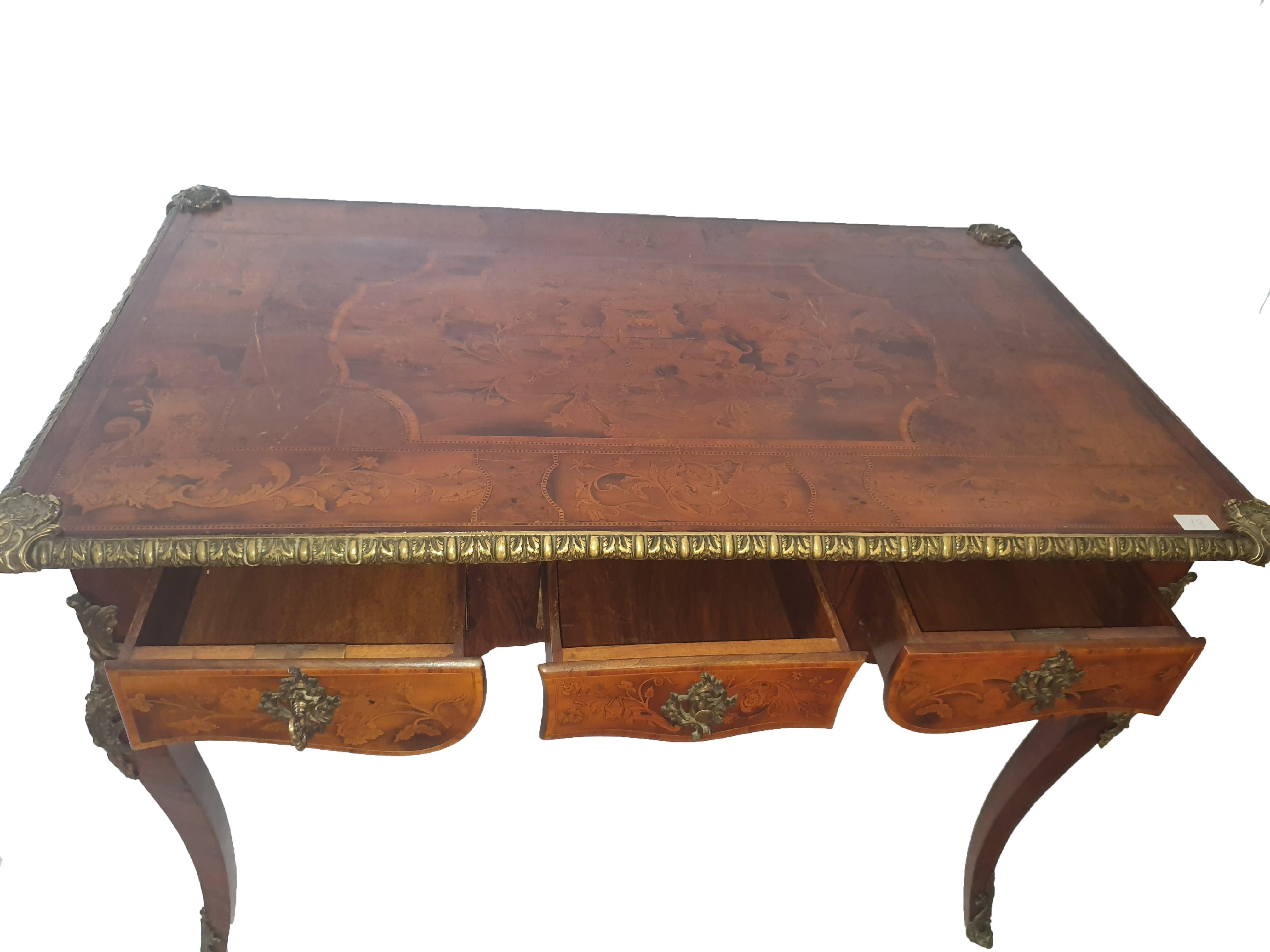 Fruitwood 19th Century Napoleon III Writing Desk Inlaid, Fruits Woods, Walnut, Gilded Bronze For Sale