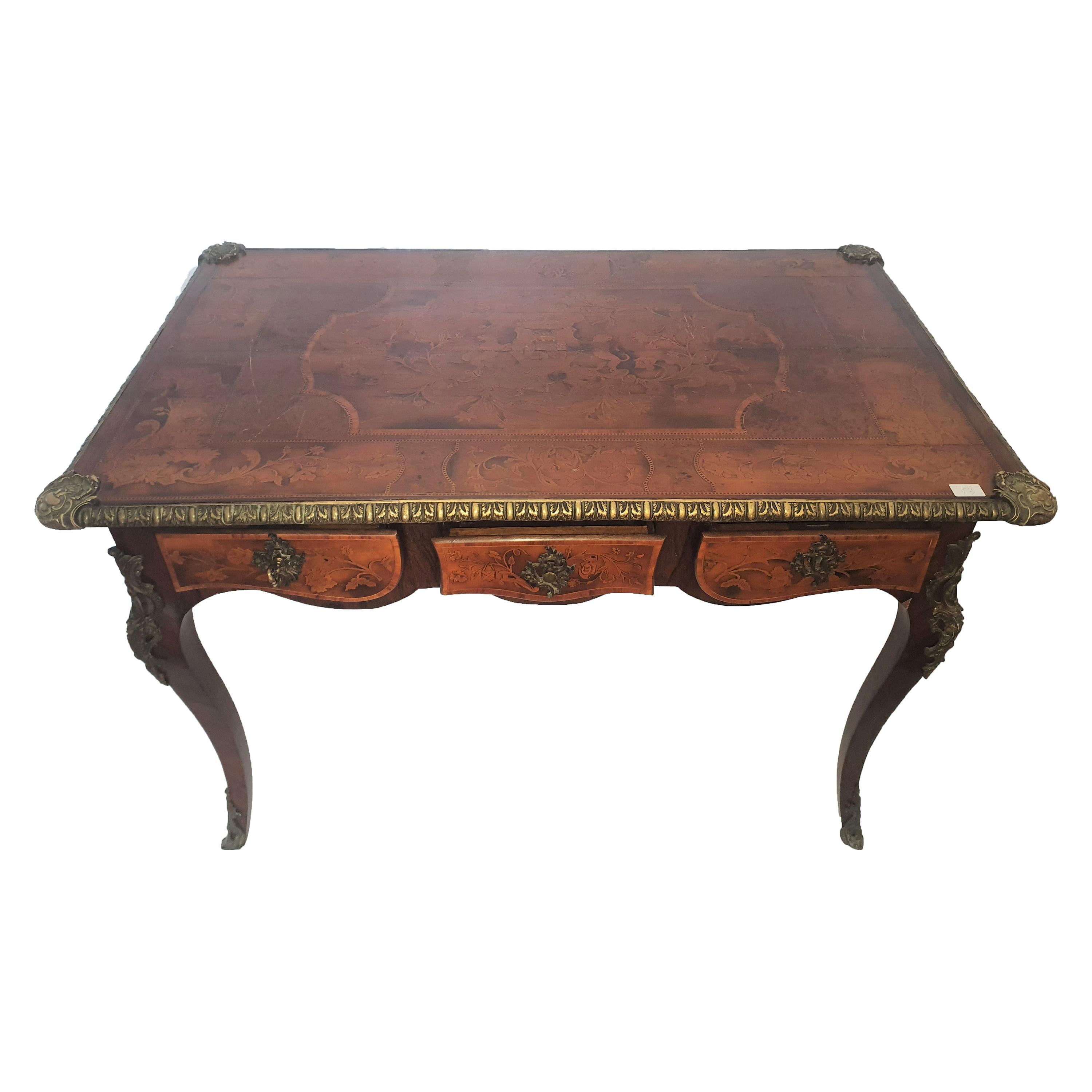 19th Century Napoleon III Writing Desk Inlaid, Fruits Woods, Walnut, Gilded Bronze For Sale