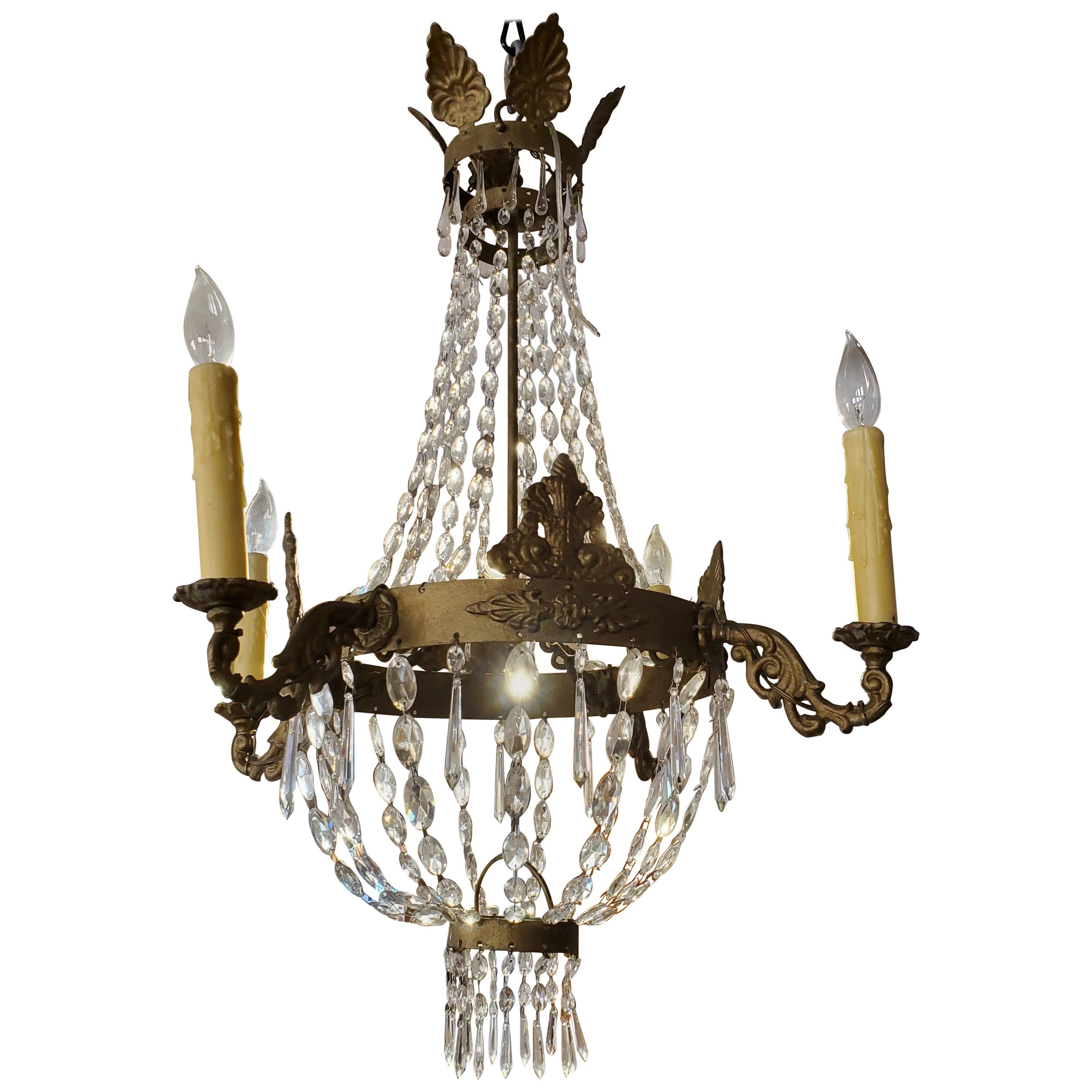Late 19th Century Napoleonic Crystal and Gold Gilt Tole Metal Chandelier For Sale