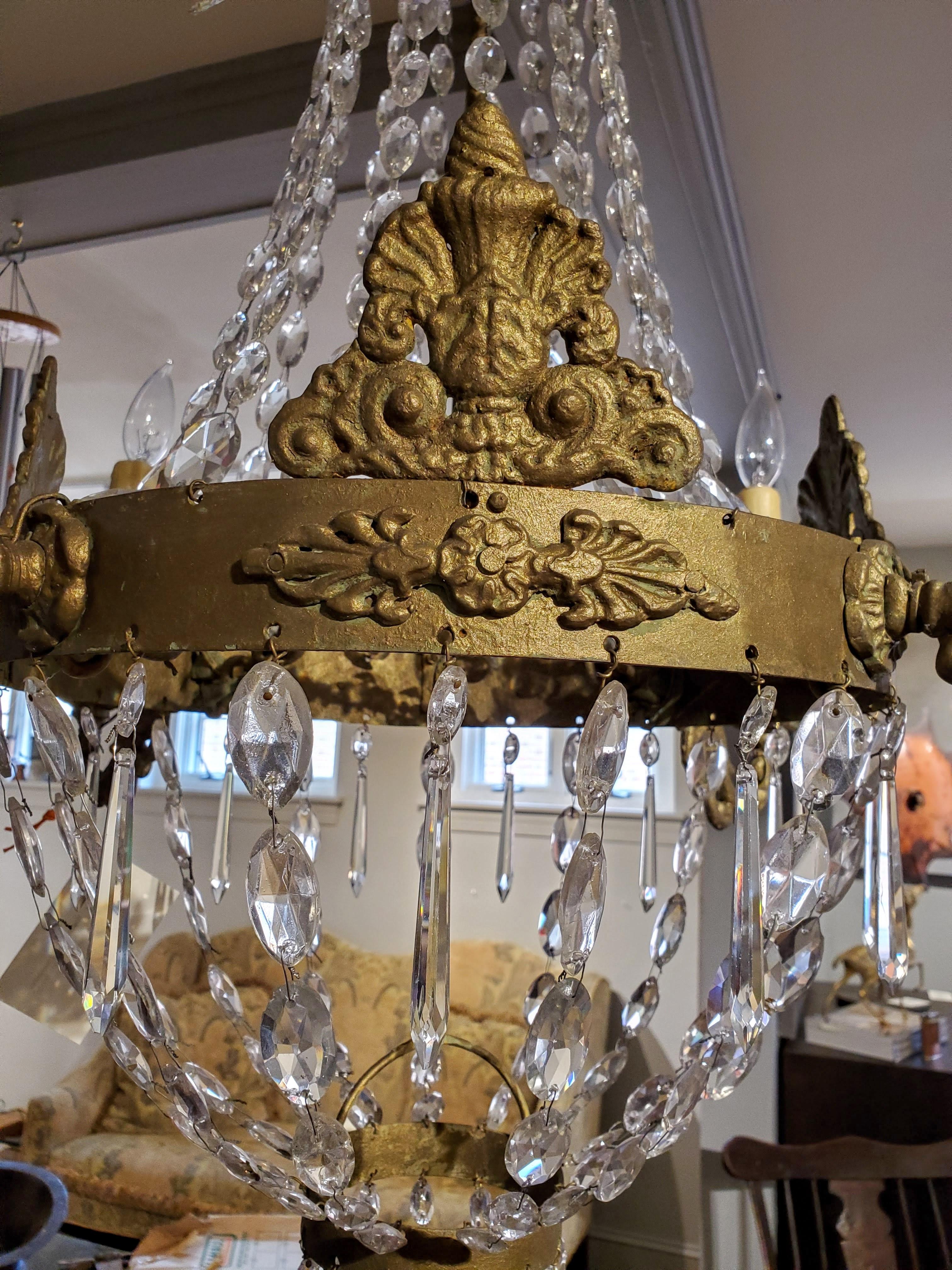 Late 19th Century Napoleonic Crystal and Gold Gilt Tole Metal Chandelier In Good Condition For Sale In Middleburg, VA