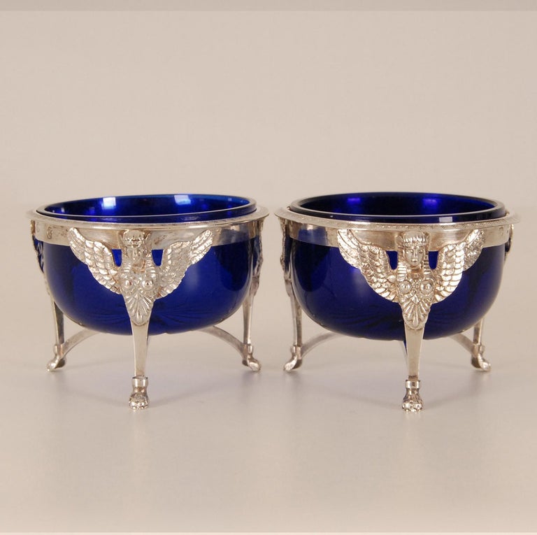 French Empire Sterling Silver Salt Cellar Blue Glass Liners Return from Egypt For Sale 5