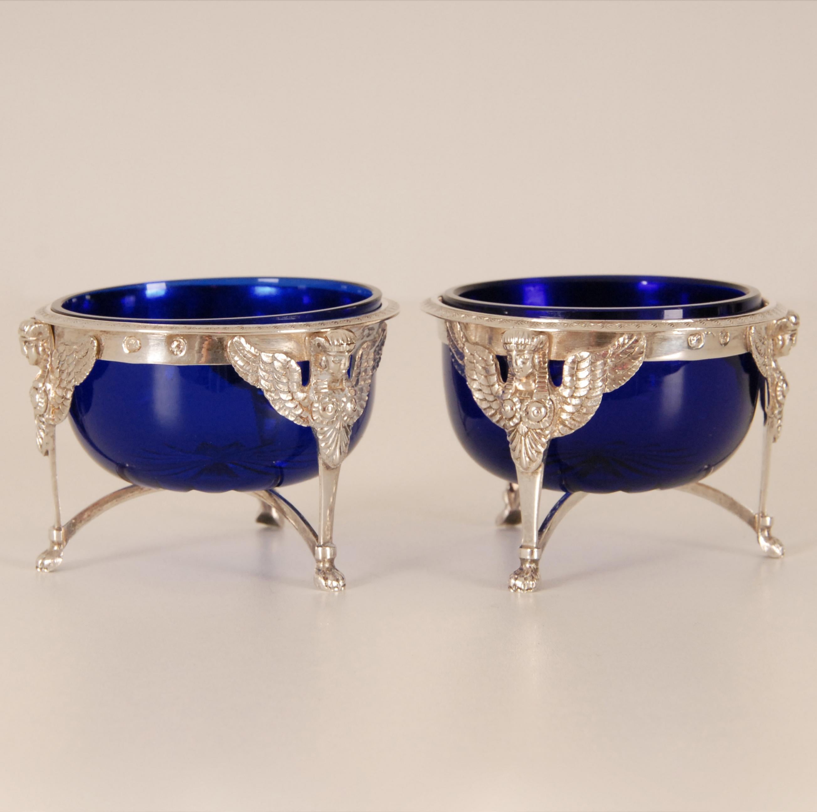 French Empire Sterling Silver Salt Cellar Blue Glass Liners Return from Egypt For Sale 5